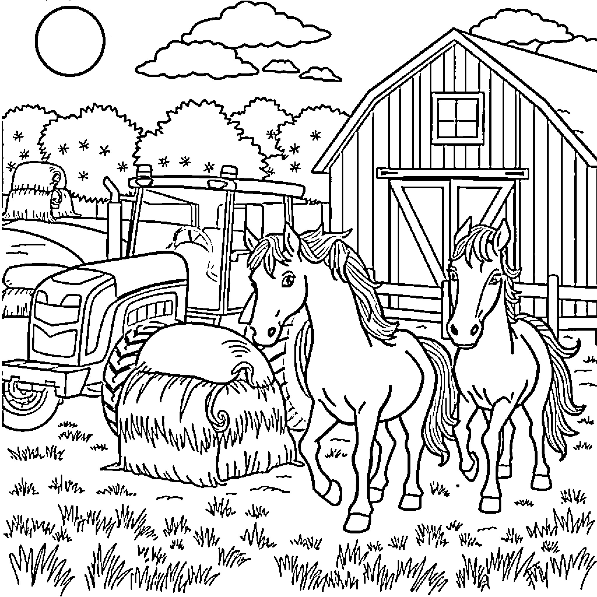 Horses resting in the countryside near a barn Coloring Page (free black-and-white line drawing printable PDF for all, from beginners to advanced learners, including children, teens, adults, and seniors)