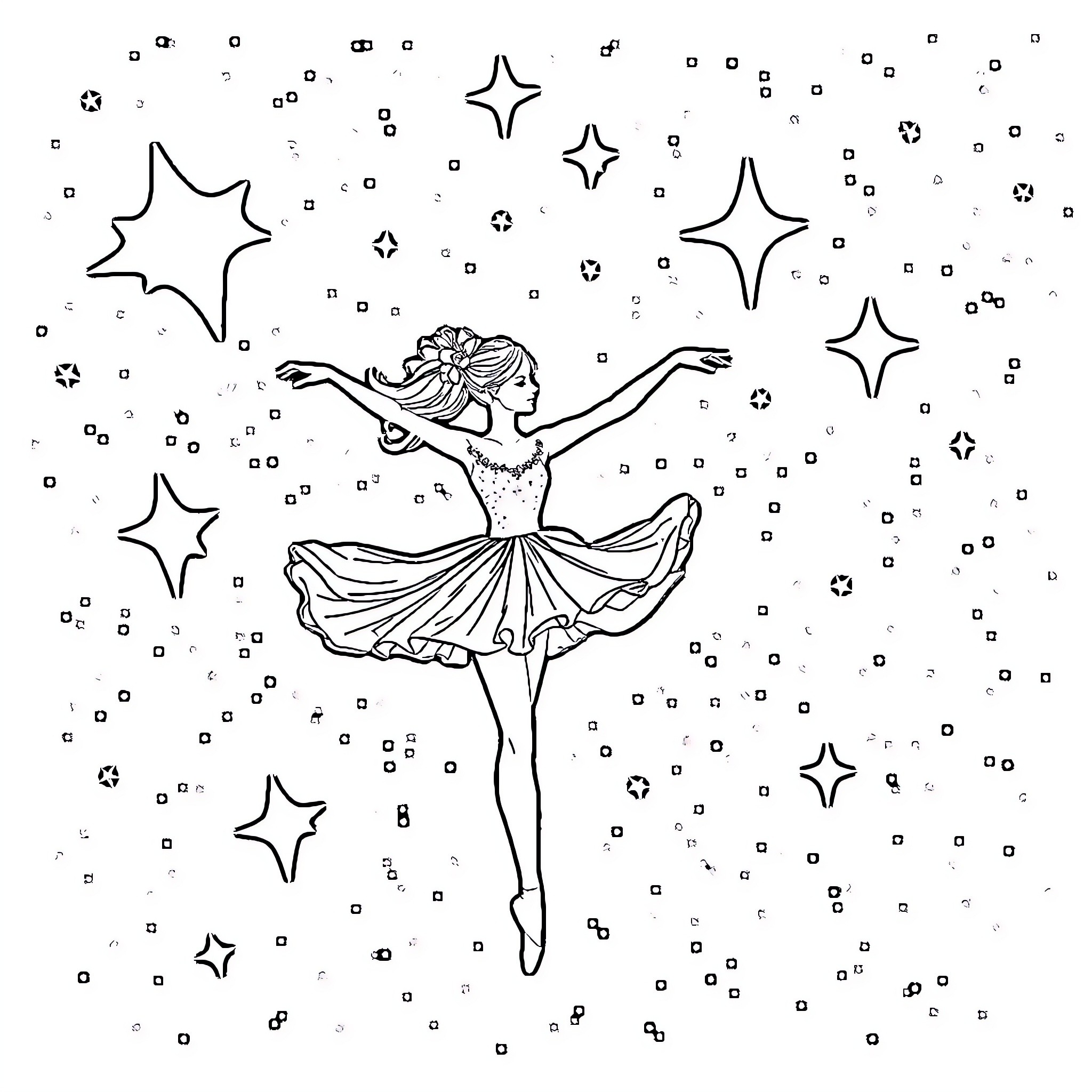 Ballerina dancing gracefully among sparkling stars Coloring Page (free black-and-white line drawing printable PDF for all, from beginners to advanced learners, including children, teens, adults, and seniors)