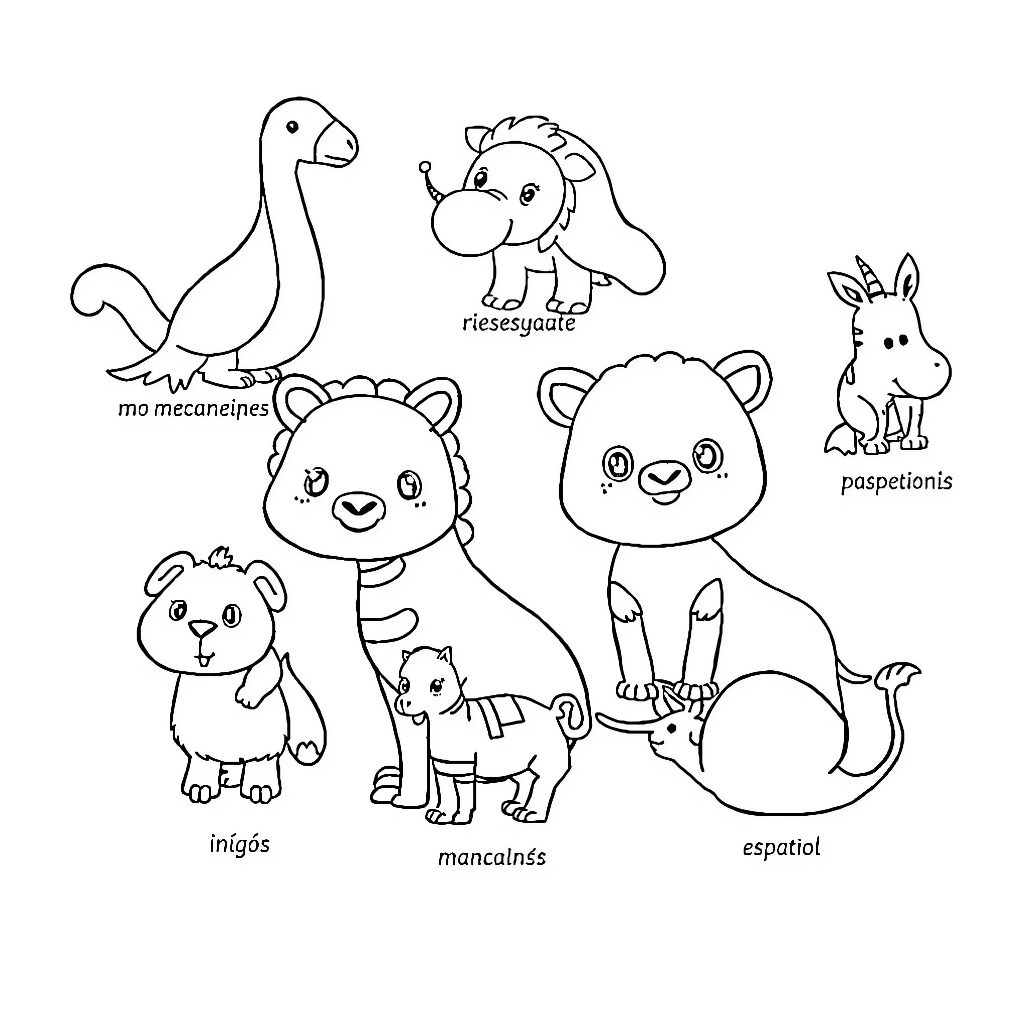 Animal cartoon characters in playful poses Coloring Page (free black-and-white line drawing printable PDF for all, from beginners to advanced learners, including children, teens, adults, and seniors)