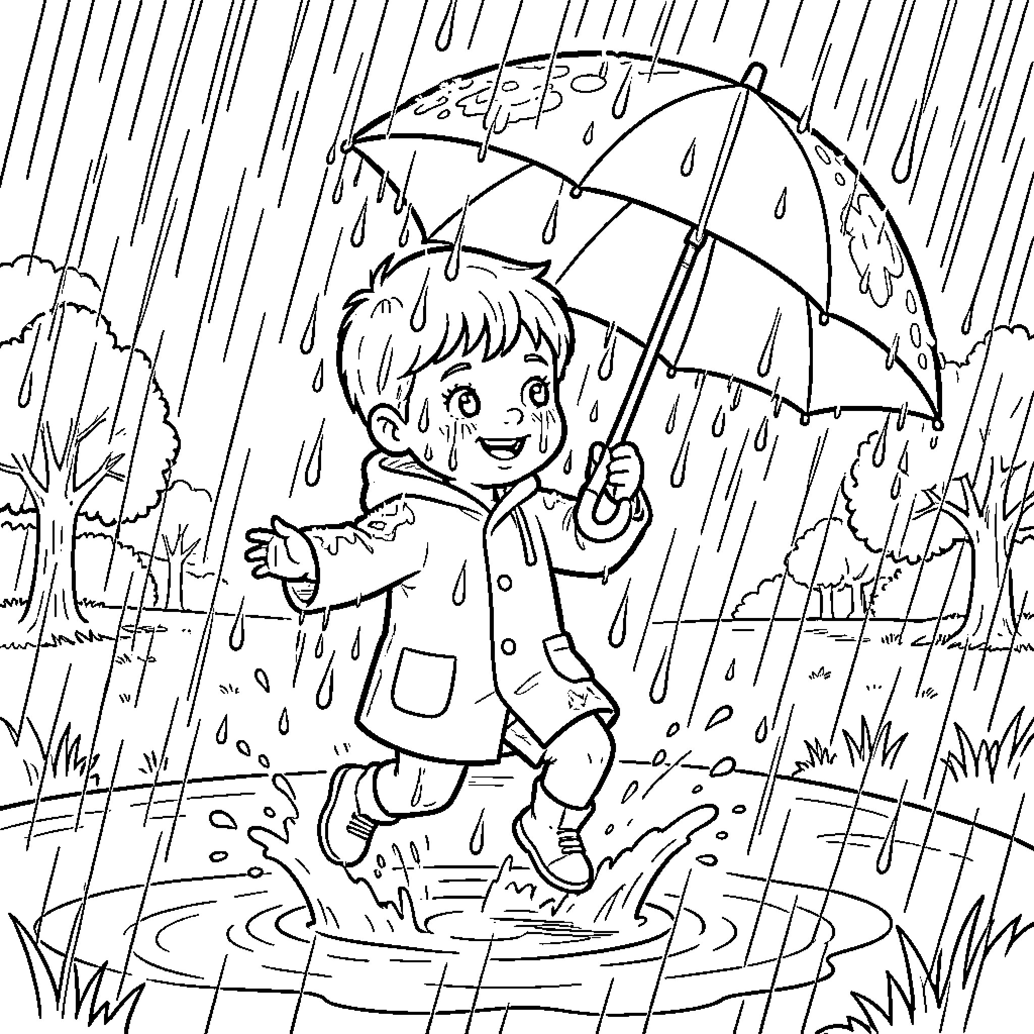 Niño juega felizmente bajo la lluvia con su paraguas Coloring Page (free black-and-white line drawing printable PDF for all, from beginners to advanced learners, including children, teens, adults, and seniors)