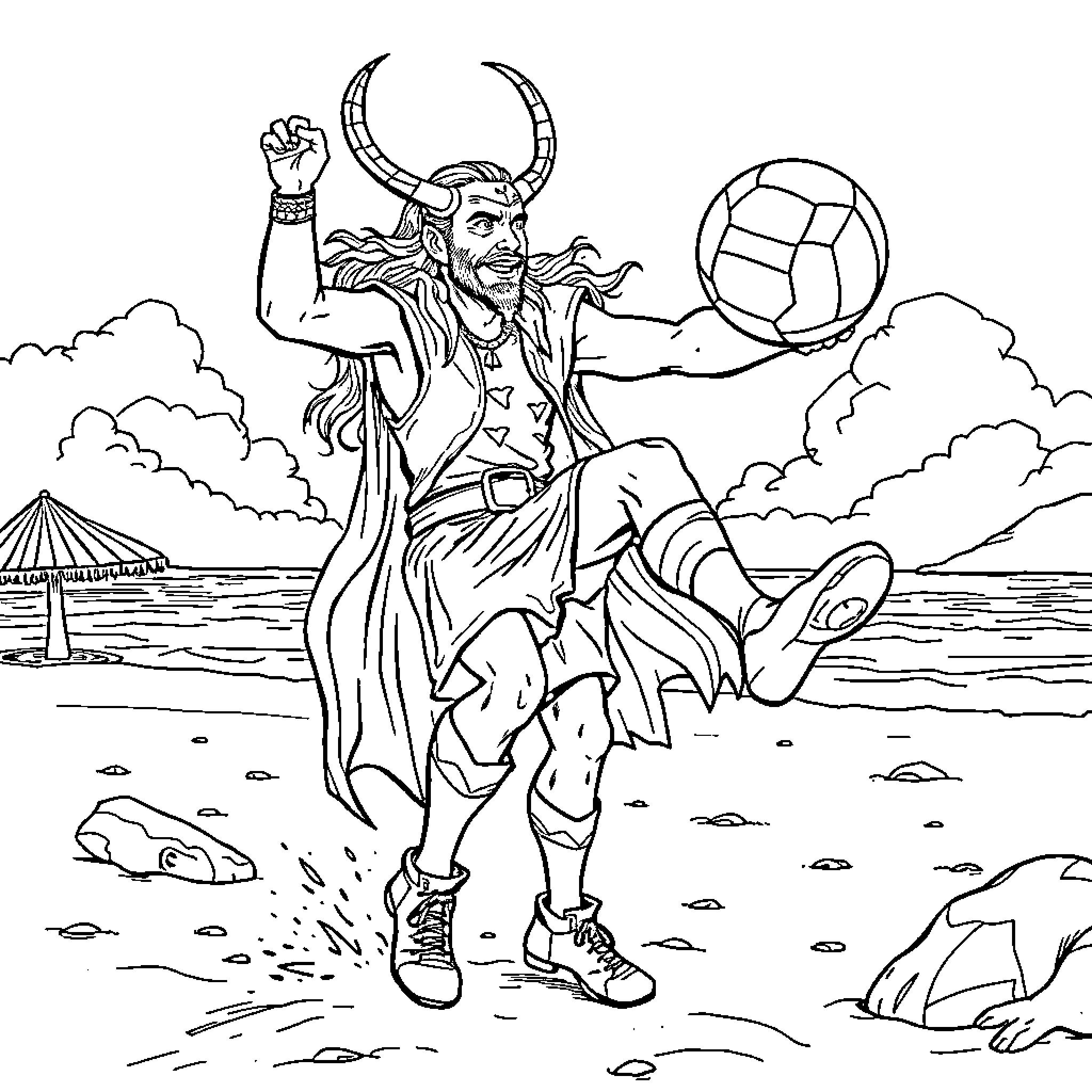 Loki's Mischievous Beach Antics Coloring Page (free black-and-white line drawing printable PDF for all, from beginners to advanced learners, including children, teens, adults, and seniors)