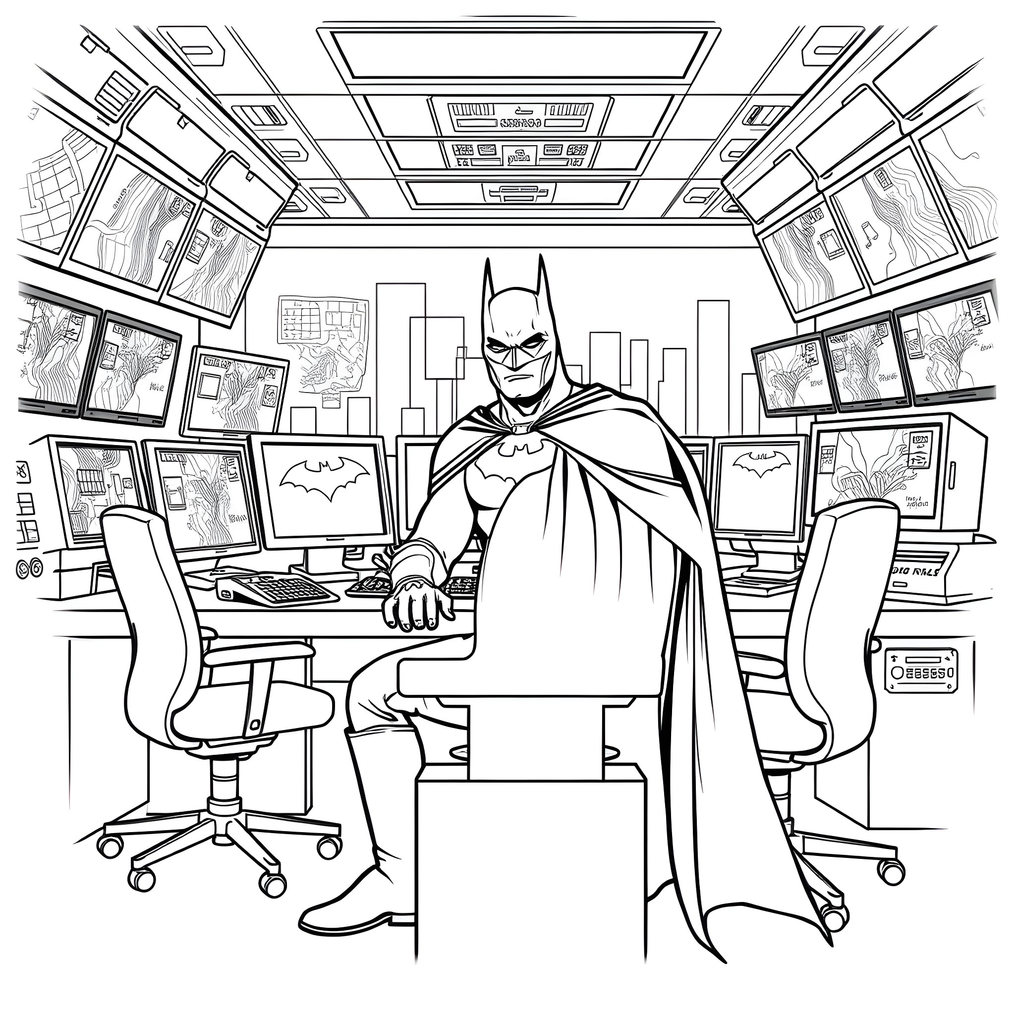 Batman in his Batcave Control Room Coloring Page (free black-and-white line drawing printable PDF for all, from beginners to advanced learners, including children, teens, adults, and seniors)