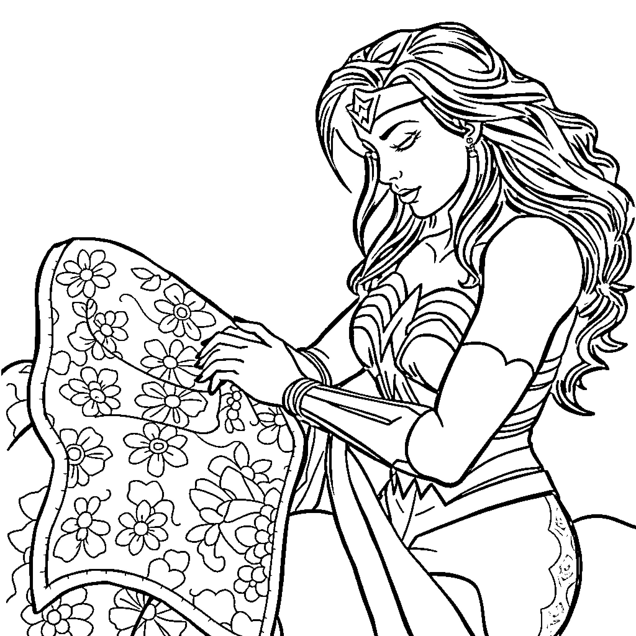 Wonder Woman in a floral outfit contemplatively reading Coloring Page (free black-and-white line drawing printable PDF for all, from beginners to advanced learners, including children, teens, adults, and seniors)