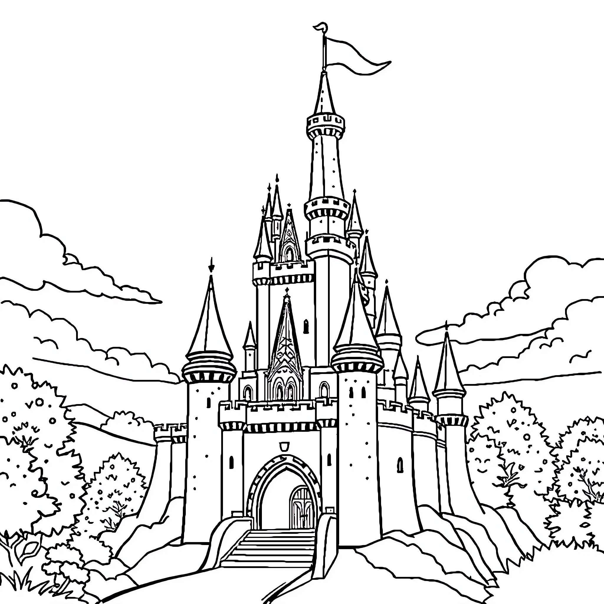 Castle with grand towers and pointed roofs Coloring Page (free black-and-white line drawing printable PDF for all, from beginners to advanced learners, including children, teens, adults, and seniors)