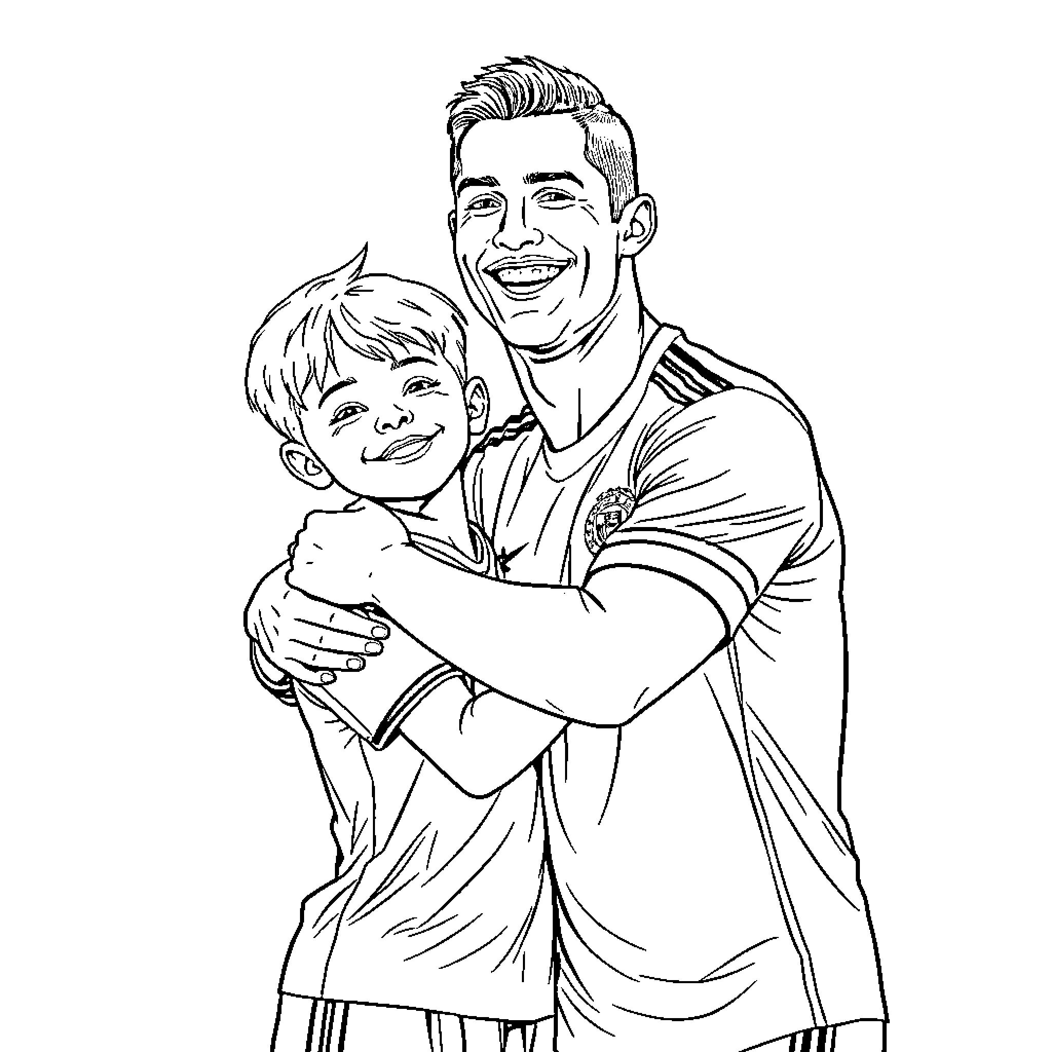 Cristiano Ronaldo with young fan in heartwarming embrace Coloring Page (free black-and-white line drawing printable PDF for all, from beginners to advanced learners, including children, teens, adults, and seniors)