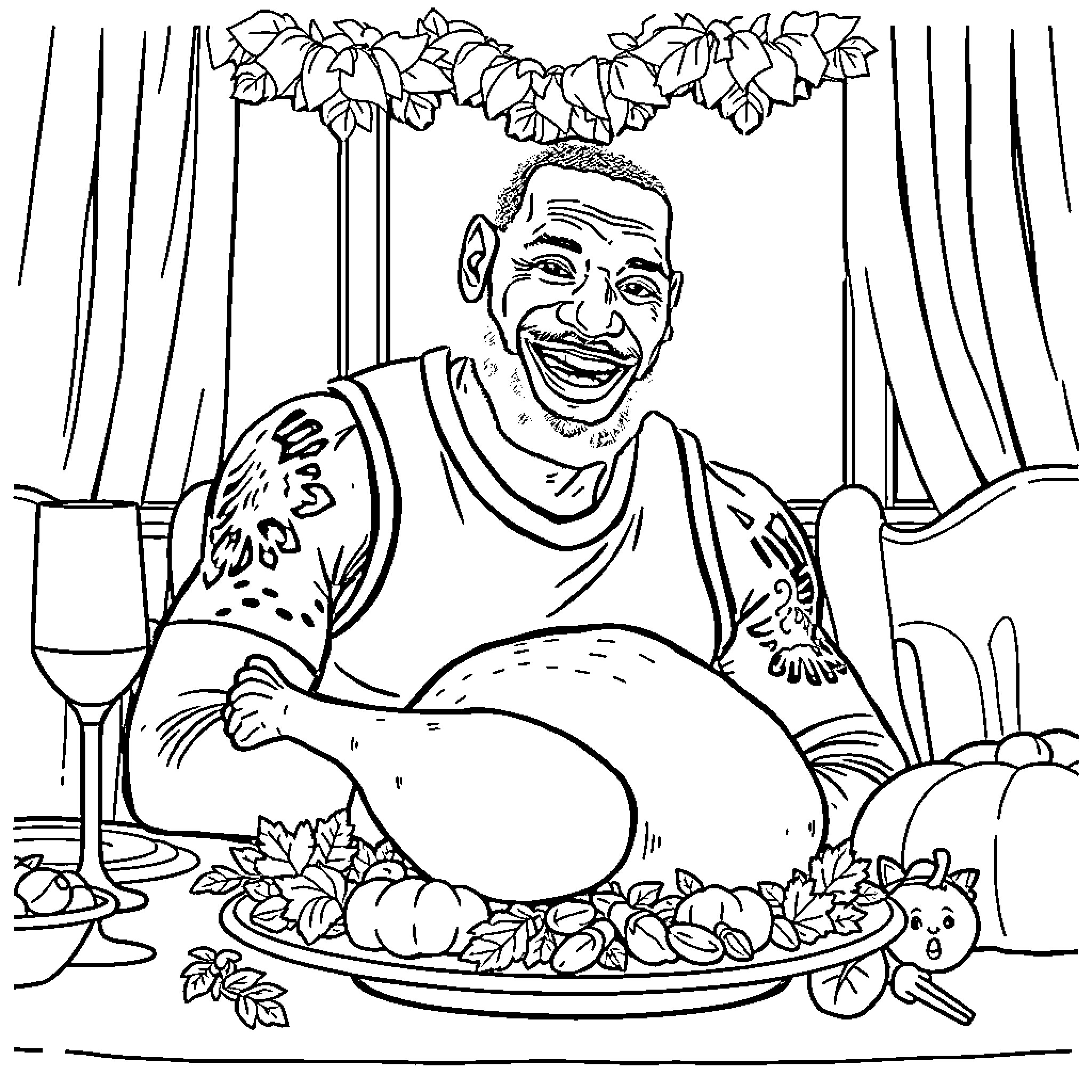 LeBron James enjoying a Thanksgiving feast Coloring Page (free black-and-white line drawing printable PDF for all, from beginners to advanced learners, including children, teens, adults, and seniors)