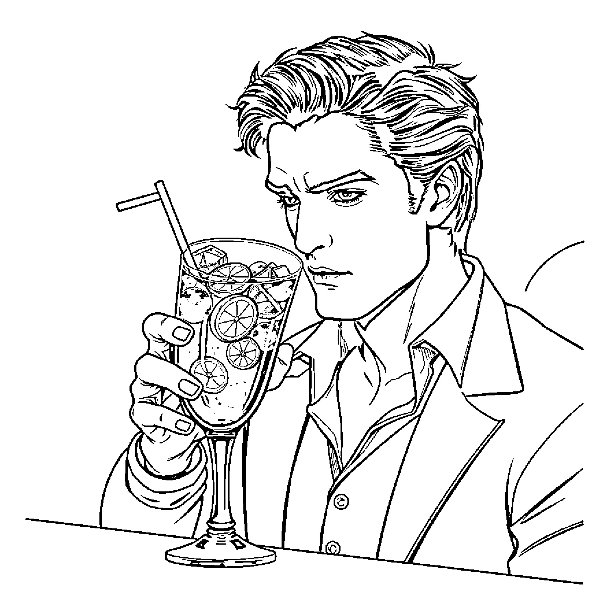 Edward Cullen sipping a refreshing cocktail Coloring Page (free black-and-white line drawing printable PDF for all, from beginners to advanced learners, including children, teens, adults, and seniors)