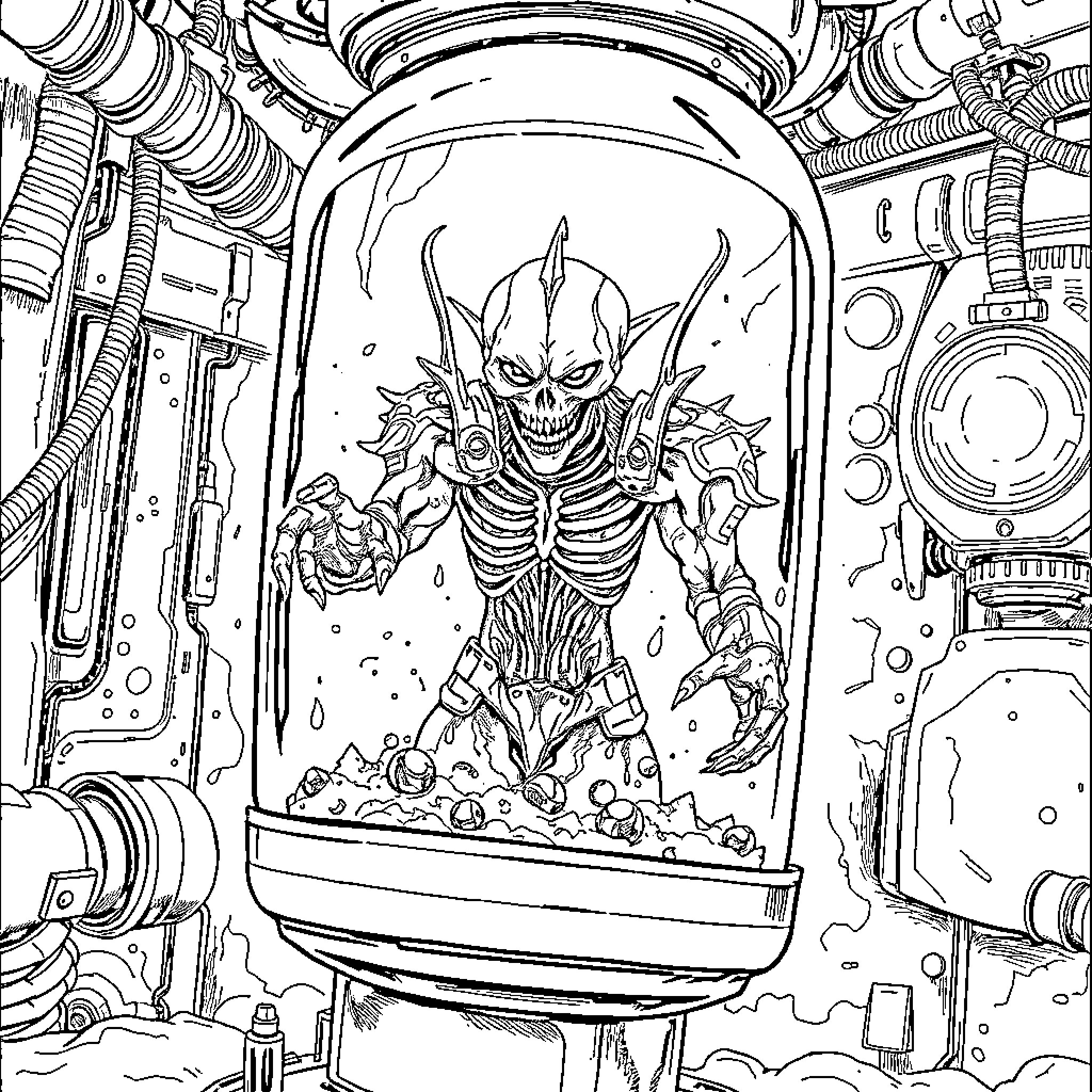 Nemesis - Unleashed Skeletal Harbinger in Alien Containment Coloring Page (free black-and-white line drawing printable PDF for all, from beginners to advanced learners, including children, teens, adults, and seniors)