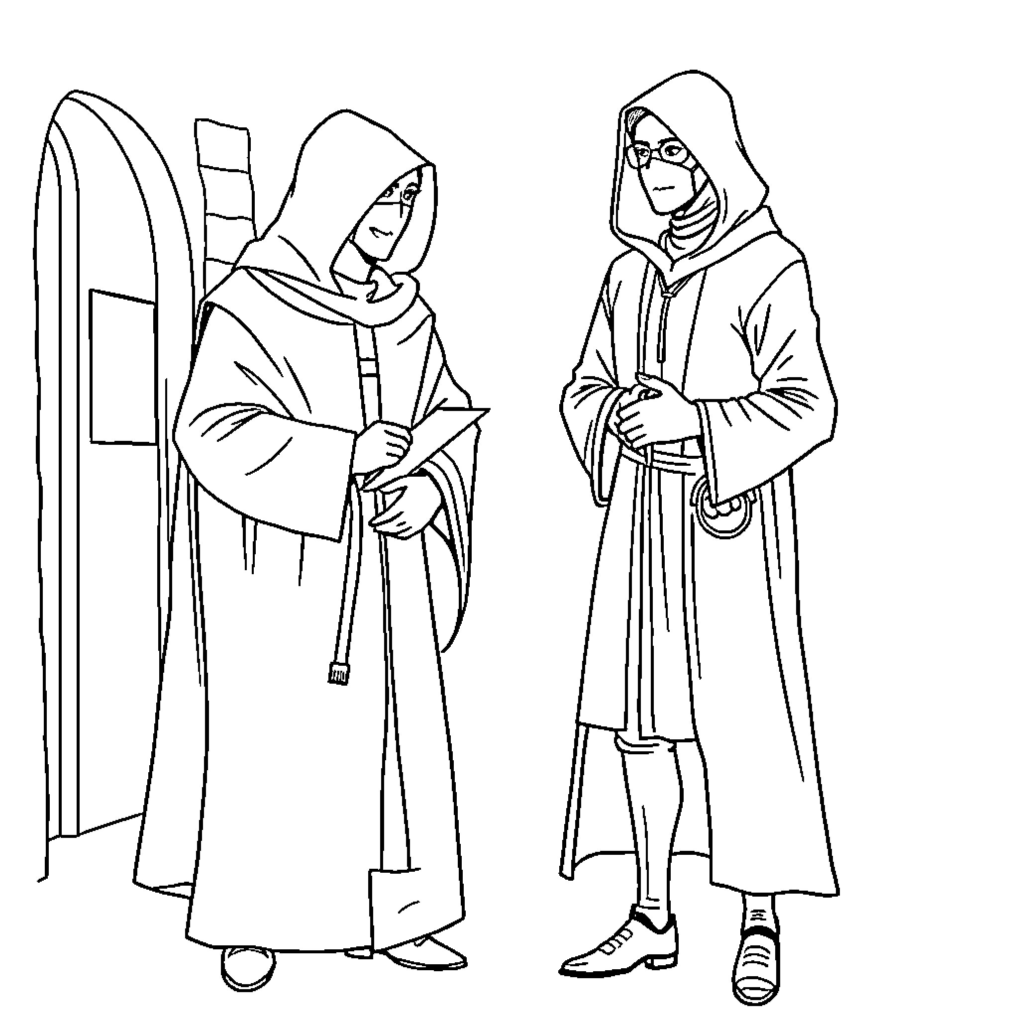 Doctor's Hooded Assistants in Mysterious Attire Coloring Page (free black-and-white line drawing printable PDF for all, from beginners to advanced learners, including children, teens, adults, and seniors)