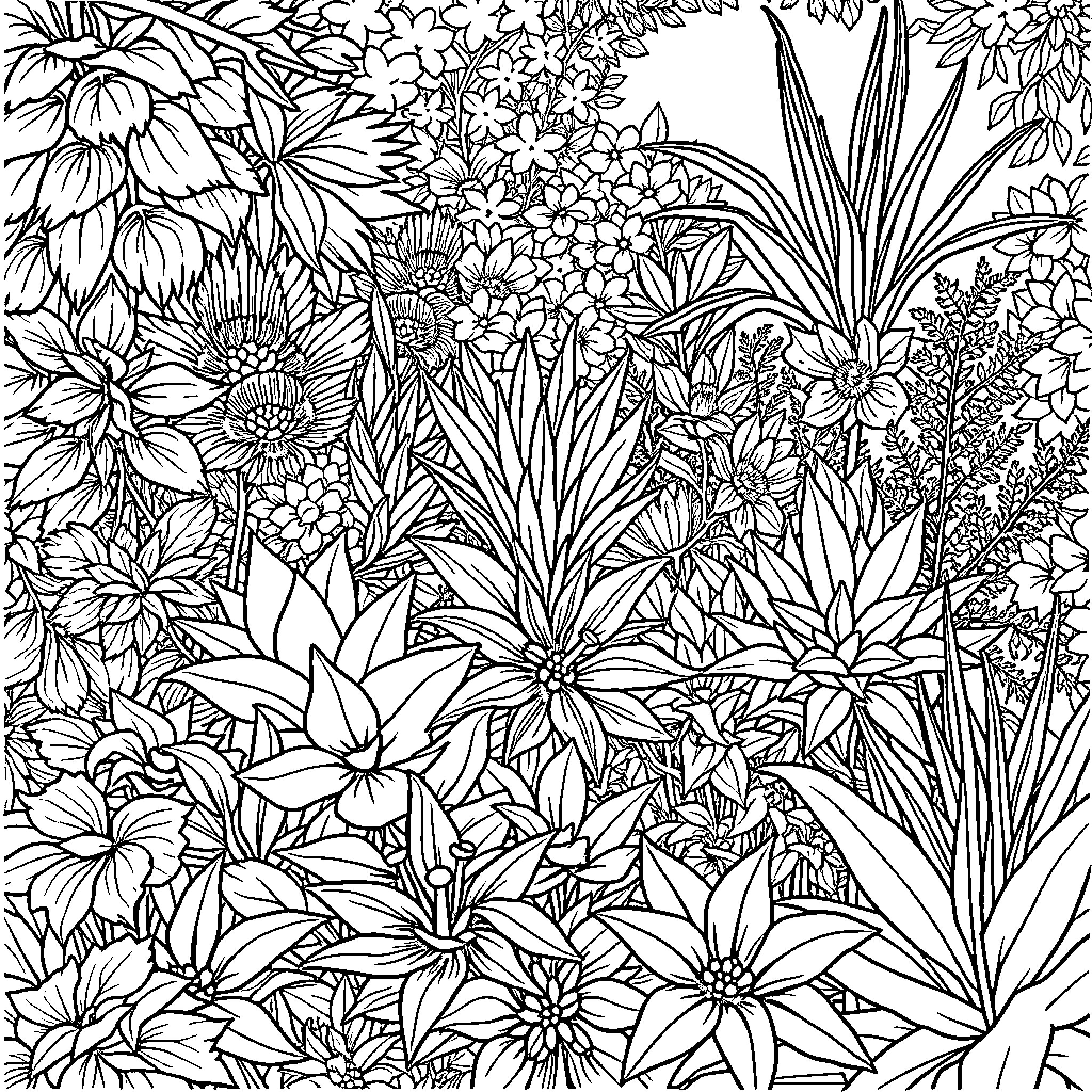Plant-filled jungle landscape with diverse floral elements Coloring Page (free black-and-white line drawing printable PDF for all, from beginners to advanced learners, including children, teens, adults, and seniors)