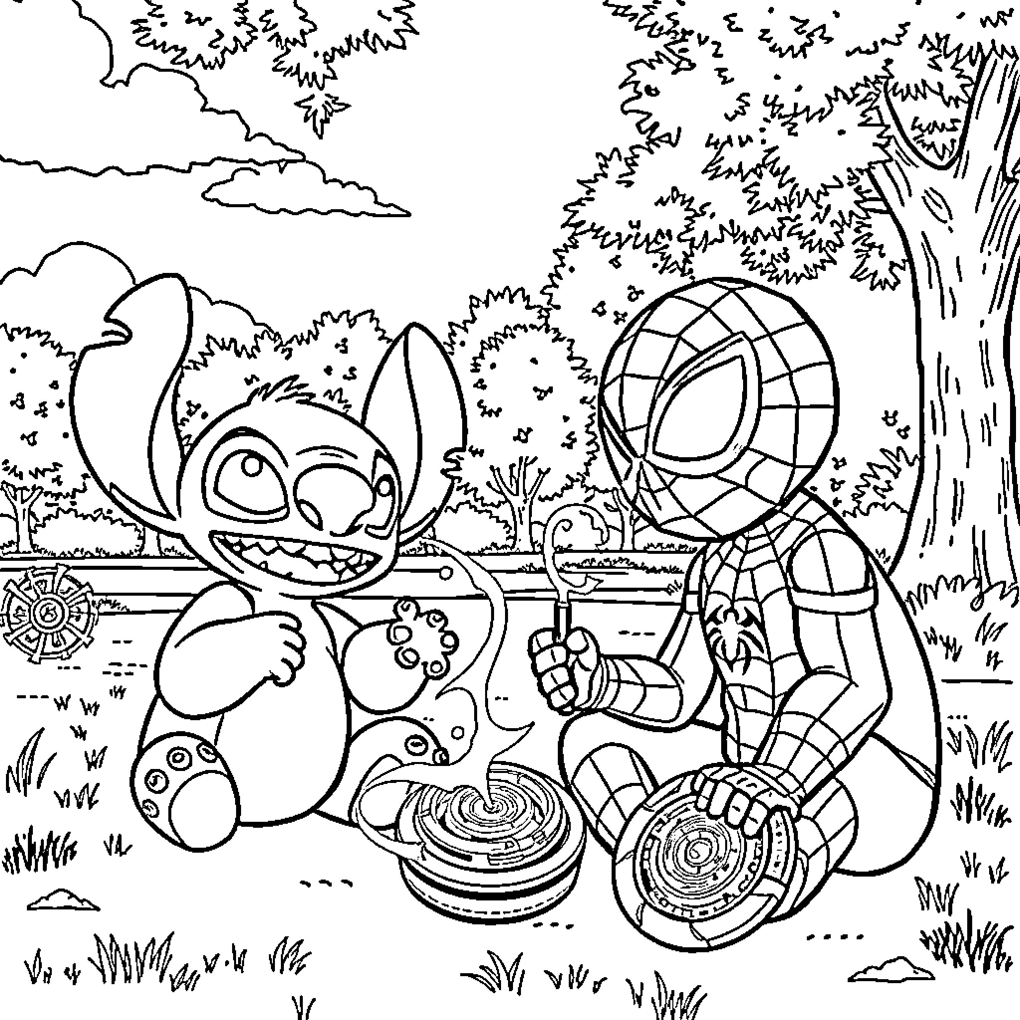 Stitch and Spider-Man exploring nature together Coloring Page (free black-and-white line drawing printable PDF for all, from beginners to advanced learners, including children, teens, adults, and seniors)