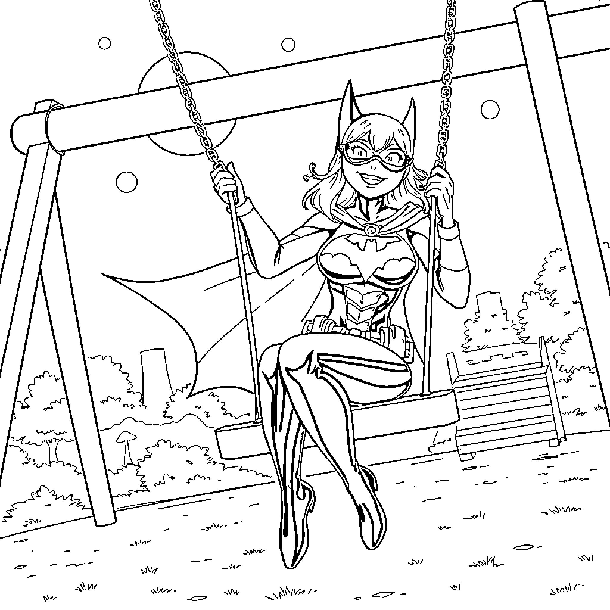 Batwoman enjoying a swing at the park Coloring Page (free black-and-white line drawing printable PDF for all, from beginners to advanced learners, including children, teens, adults, and seniors)