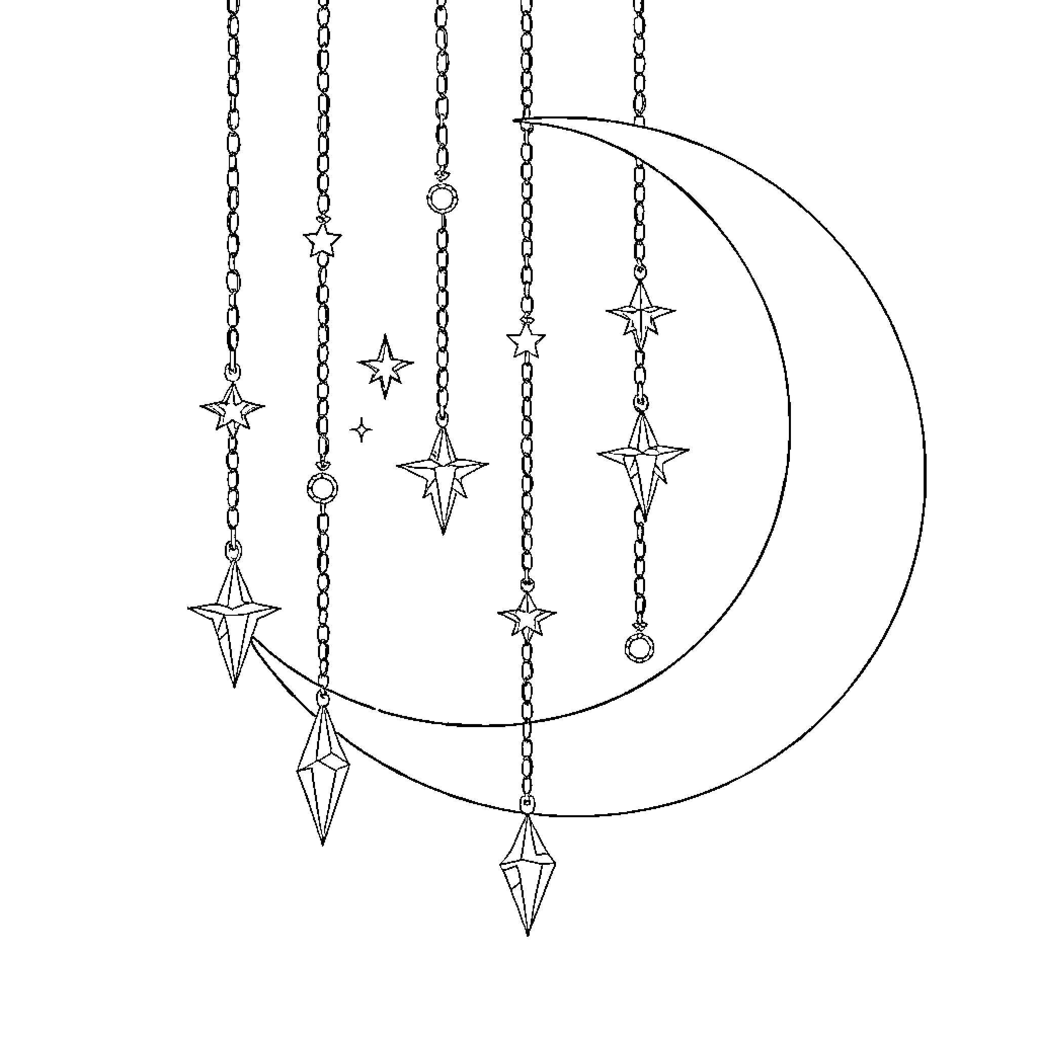 Moon and Stars Celestial Decor Coloring Page (free black-and-white line drawing printable PDF for all, from beginners to advanced learners, including children, teens, adults, and seniors)