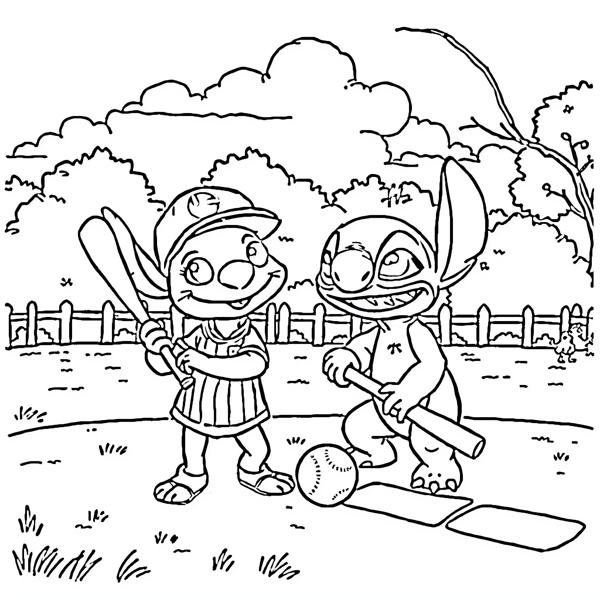 Kermit and Stitch playing baseball in the park Coloring Page (free black-and-white line drawing printable PDF for all, from beginners to advanced learners, including children, teens, adults, and seniors)