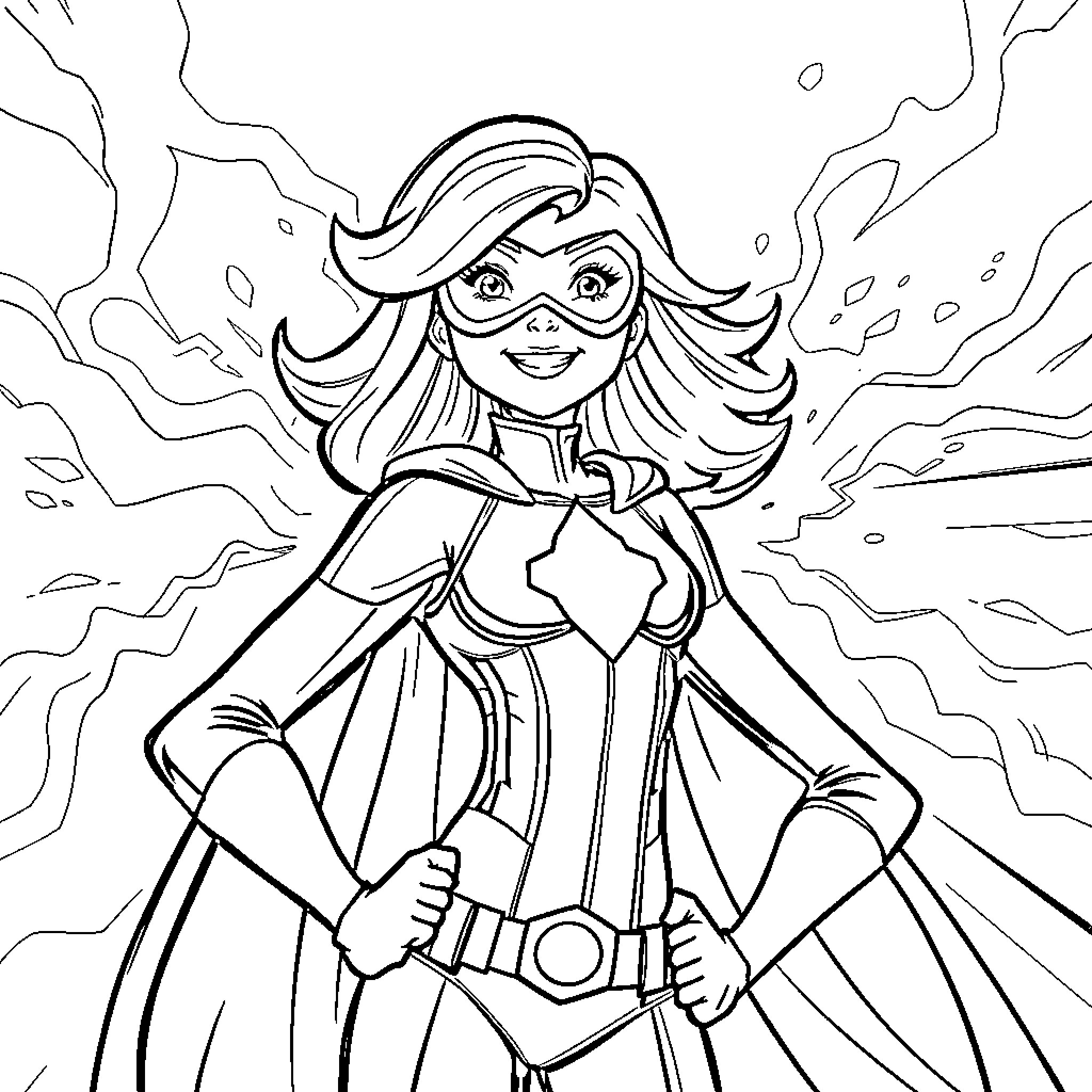 Phoebe's Heroic Pose Coloring Page (free black-and-white line drawing printable PDF for all, from beginners to advanced learners, including children, teens, adults, and seniors)