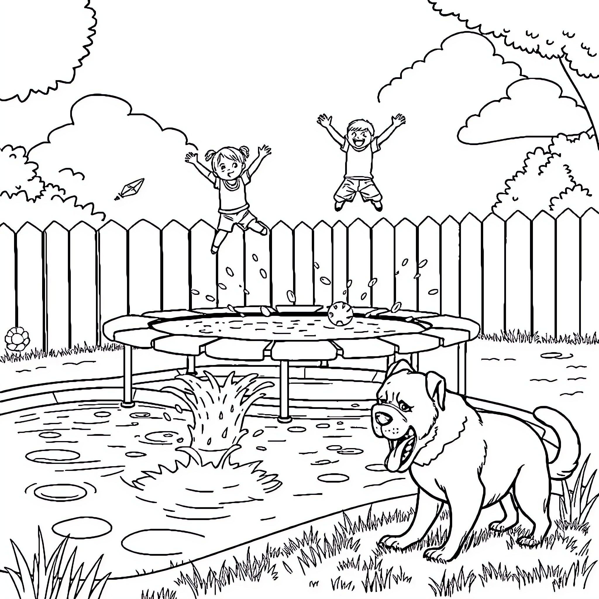 Kid's Joyful Playtime in the Outdoors Coloring Page (free black-and-white line drawing printable PDF for all, from beginners to advanced learners, including children, teens, adults, and seniors)