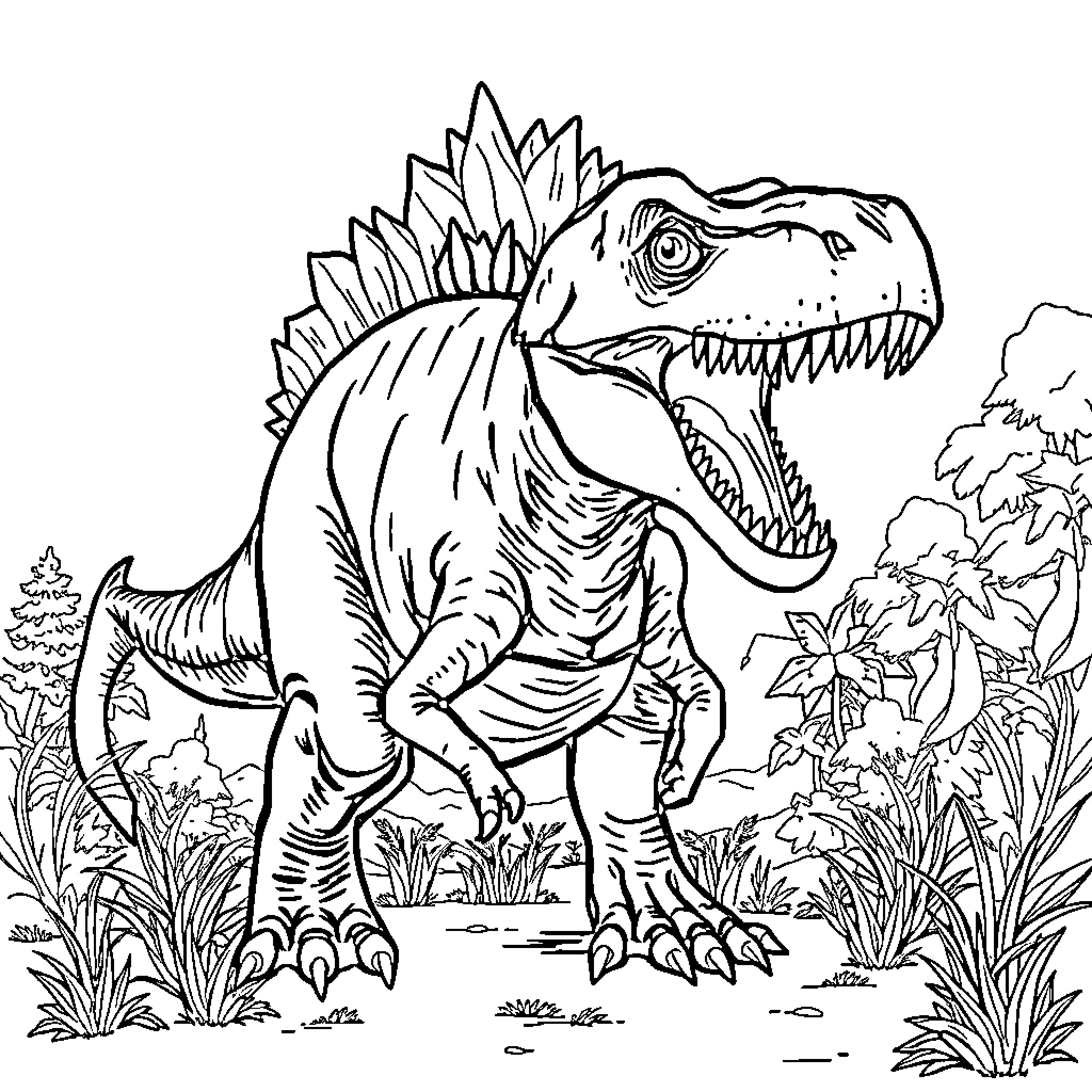 Dinosaur roaring fiercely in the wild Coloring Page (free black-and-white line drawing printable PDF for all, from beginners to advanced learners, including children, teens, adults, and seniors)