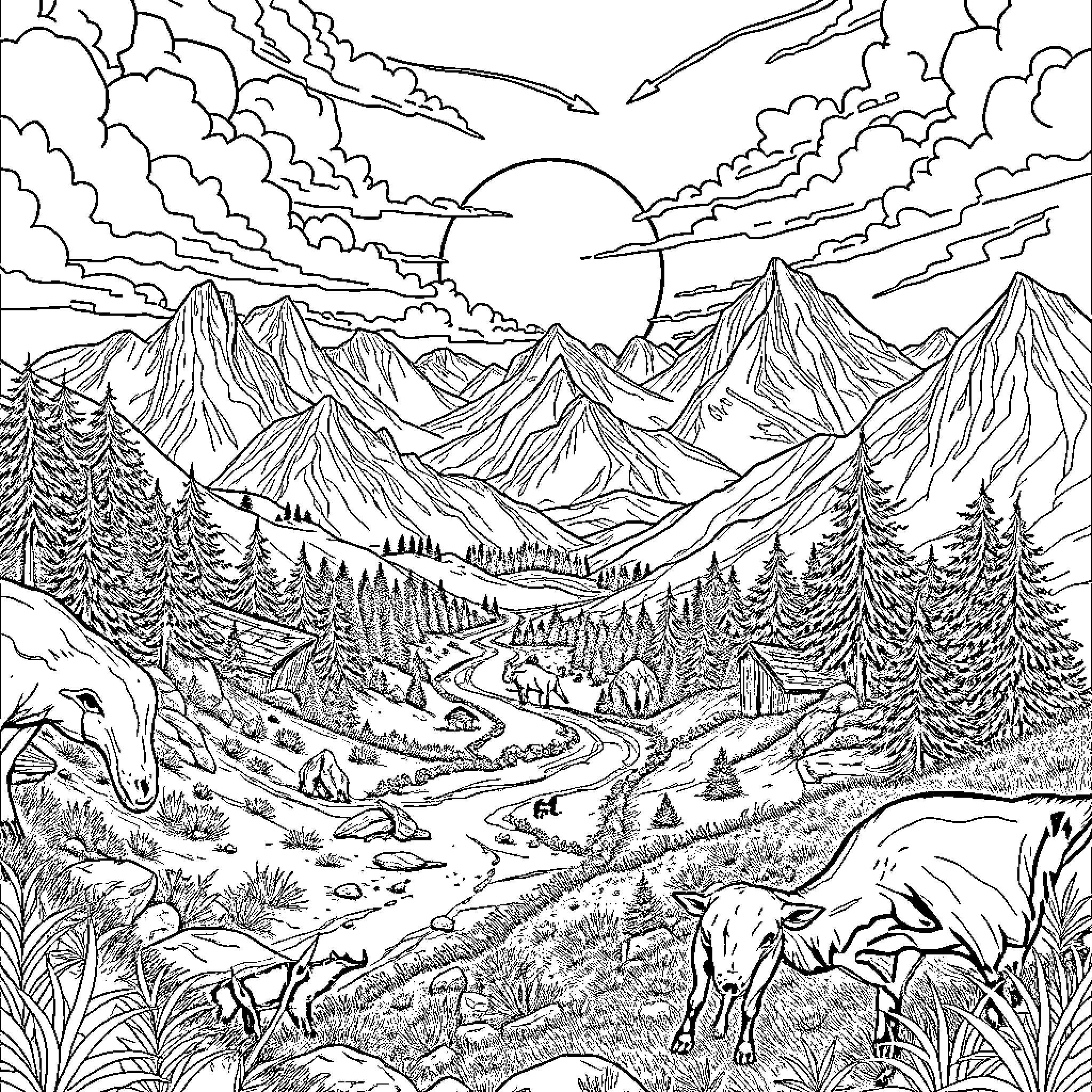 Huntrix in a Majestic Mountain Landscape Coloring Page (free black-and-white line drawing printable PDF for all, from beginners to advanced learners, including children, teens, adults, and seniors)