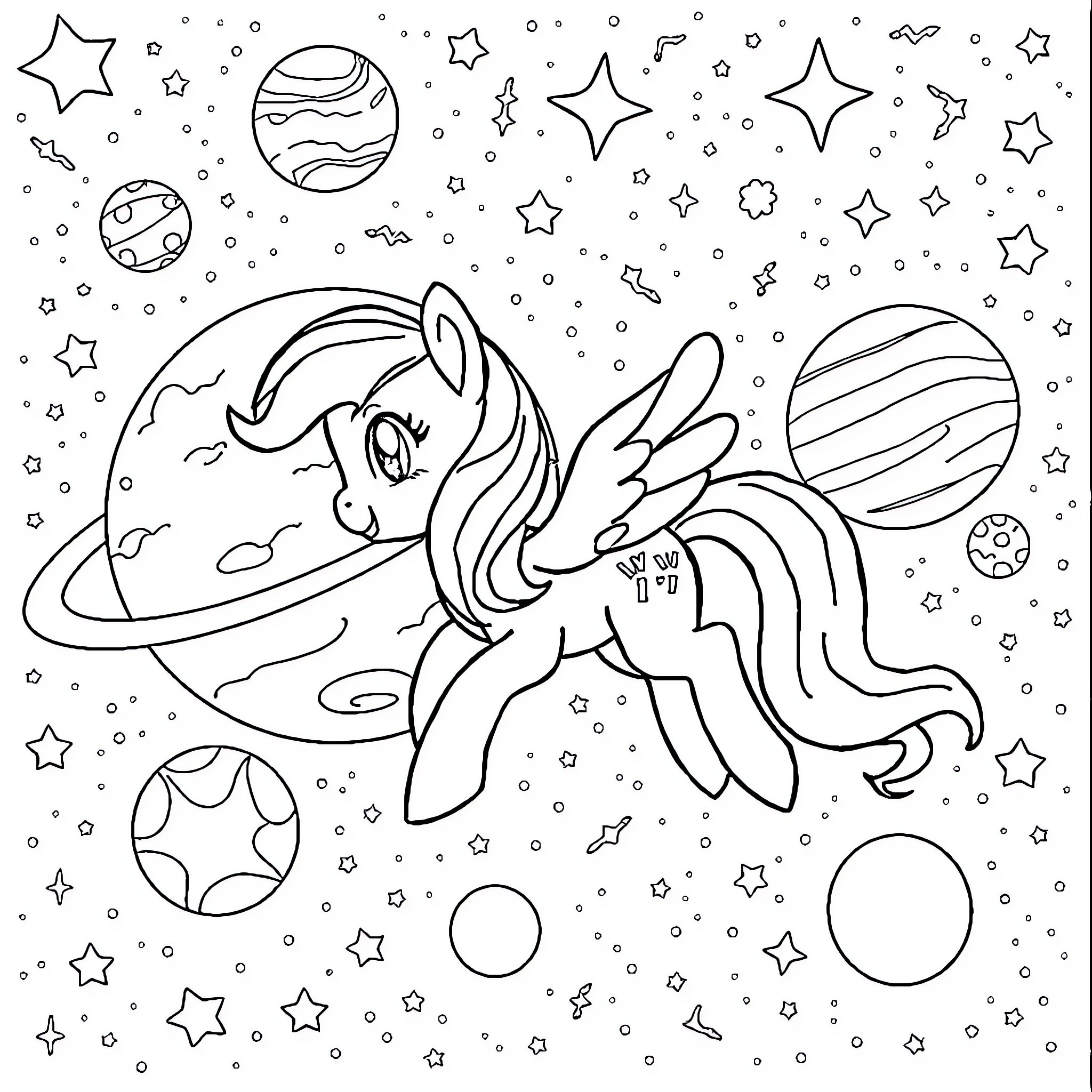 Pony floating among celestial objects Coloring Page (free black-and-white line drawing printable PDF for all, from beginners to advanced learners, including children, teens, adults, and seniors)