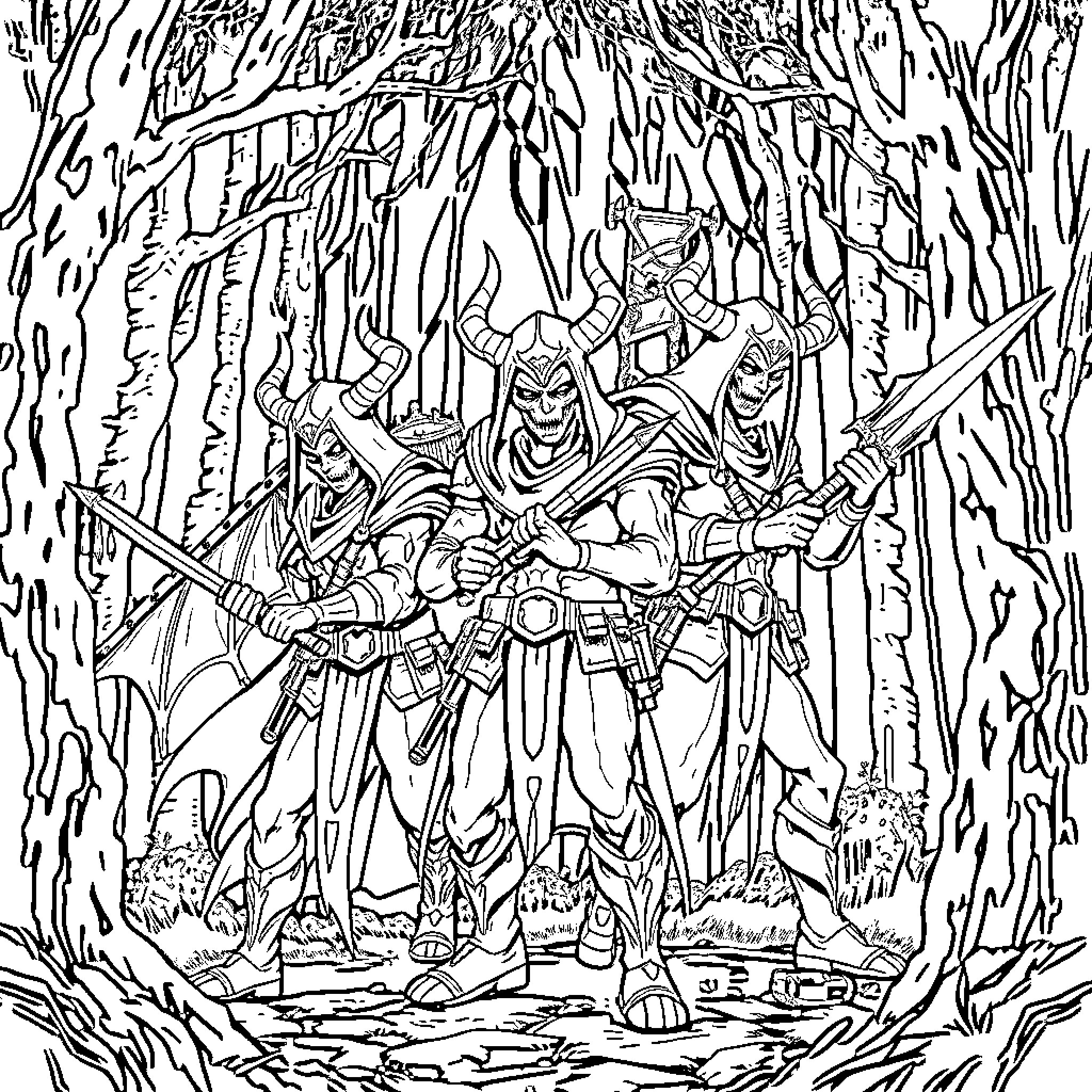 Demon Hunters Battling in the Eerie Forest Coloring Page (free black-and-white line drawing printable PDF for all, from beginners to advanced learners, including children, teens, adults, and seniors)