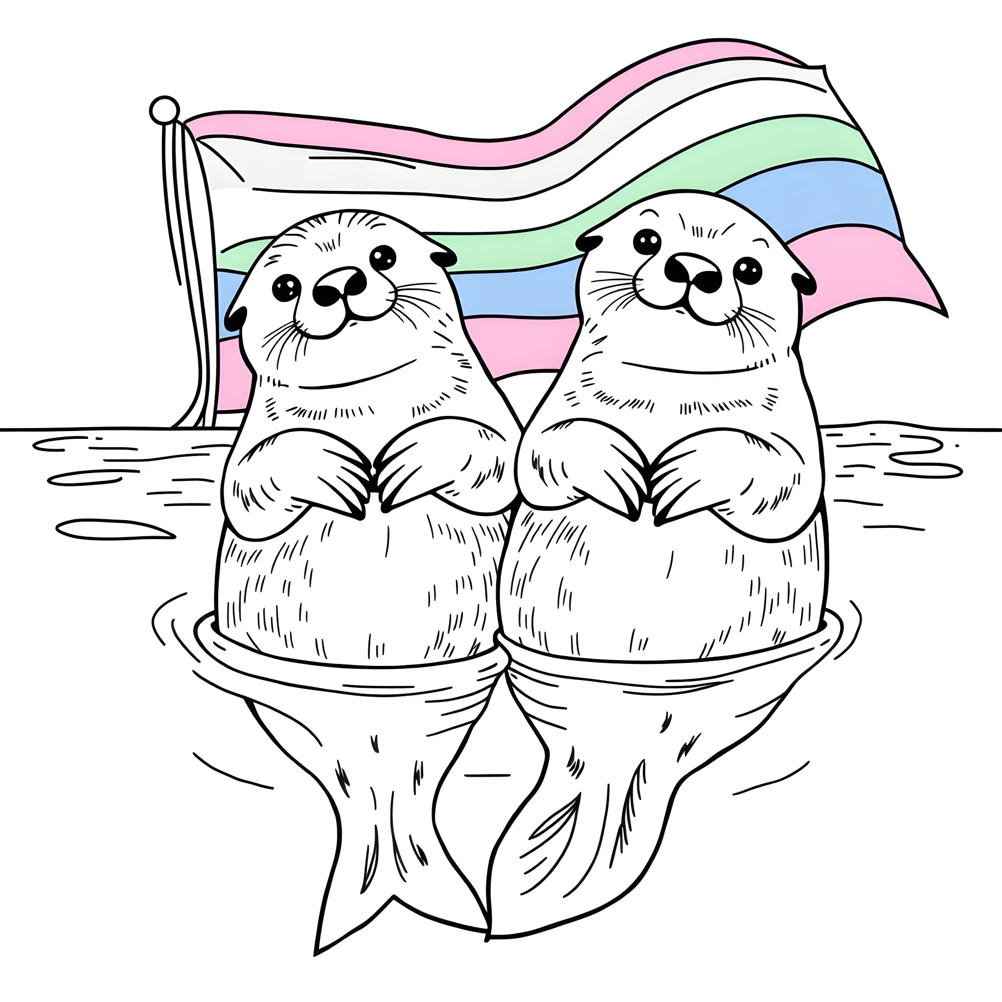 Sea Otters Snuggling Under a Rainbow Flag Coloring Page (free black-and-white line drawing printable PDF for all, from beginners to advanced learners, including children, teens, adults, and seniors)