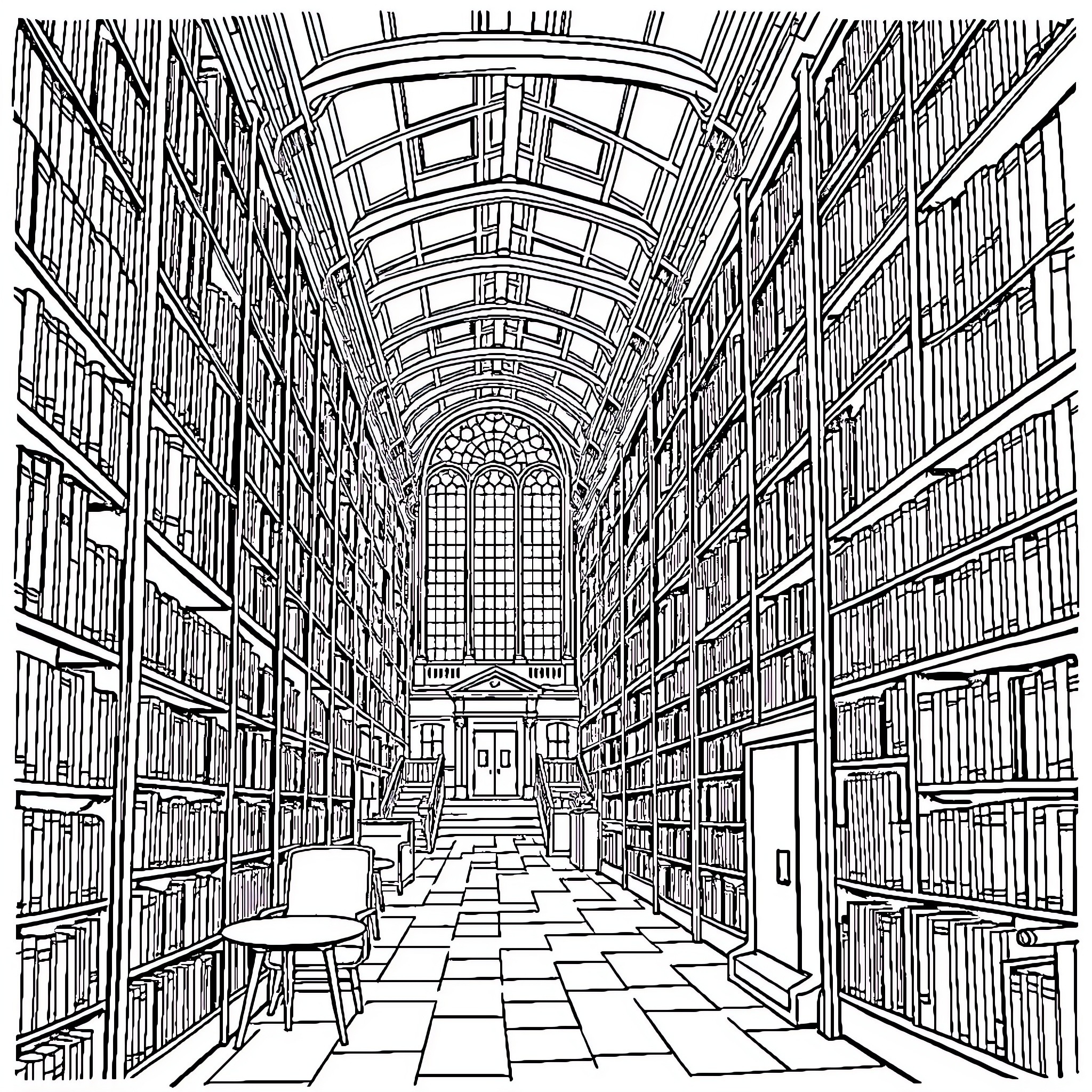 Library with grand arched ceiling and rows of books Coloring Page (free black-and-white line drawing printable PDF for all, from beginners to advanced learners, including children, teens, adults, and seniors)