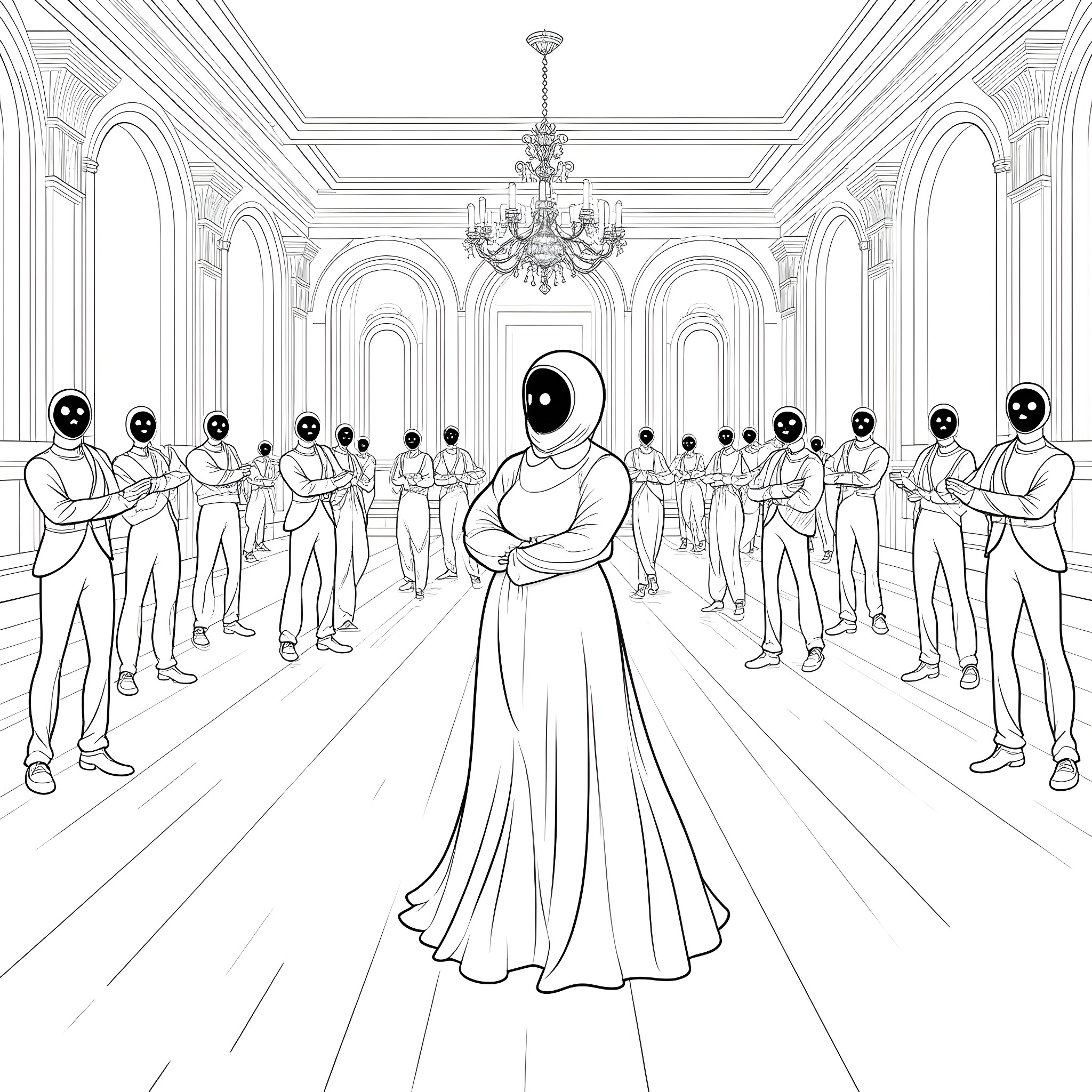 Undead Dancer Performing in a Grand Hall Coloring Page (free black-and-white line drawing printable PDF for all, from beginners to advanced learners, including children, teens, adults, and seniors)