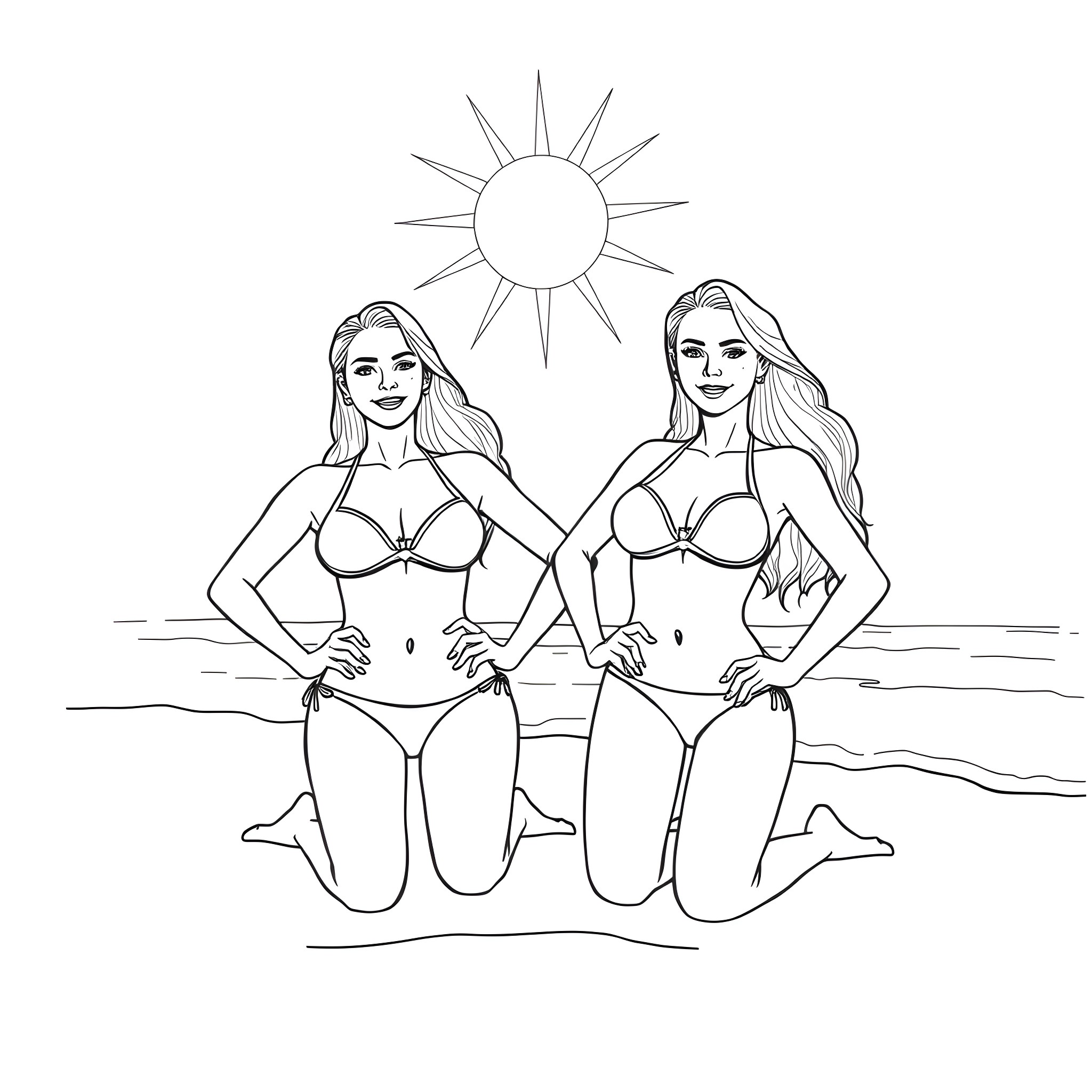 Girls in swimsuits posing on the beach Coloring Page (free black-and-white line drawing printable PDF for all, from beginners to advanced learners, including children, teens, adults, and seniors)