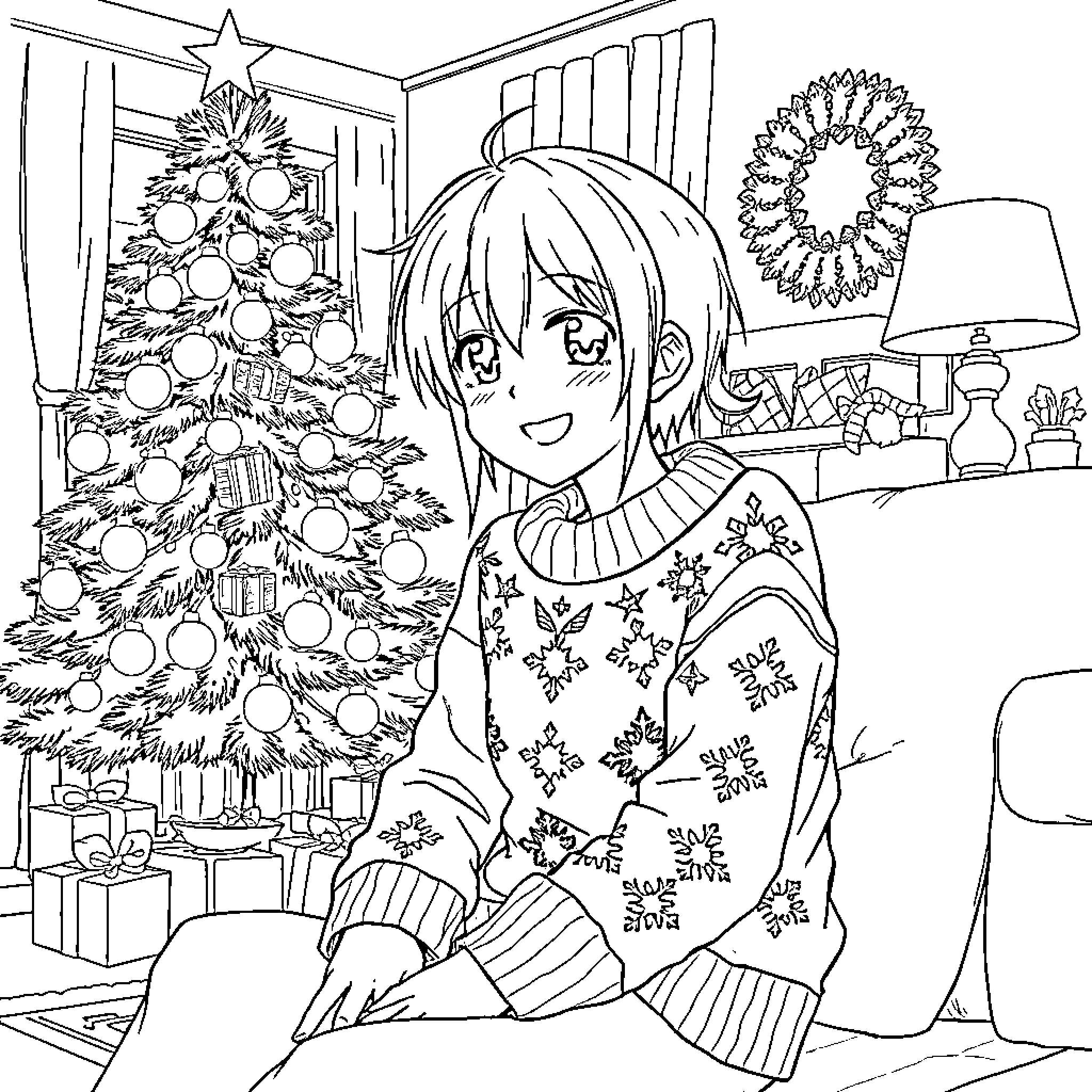 Yuki Sohma enjoying Christmas with a decorated tree Coloring Page (free black-and-white line drawing printable PDF for all, from beginners to advanced learners, including children, teens, adults, and seniors)