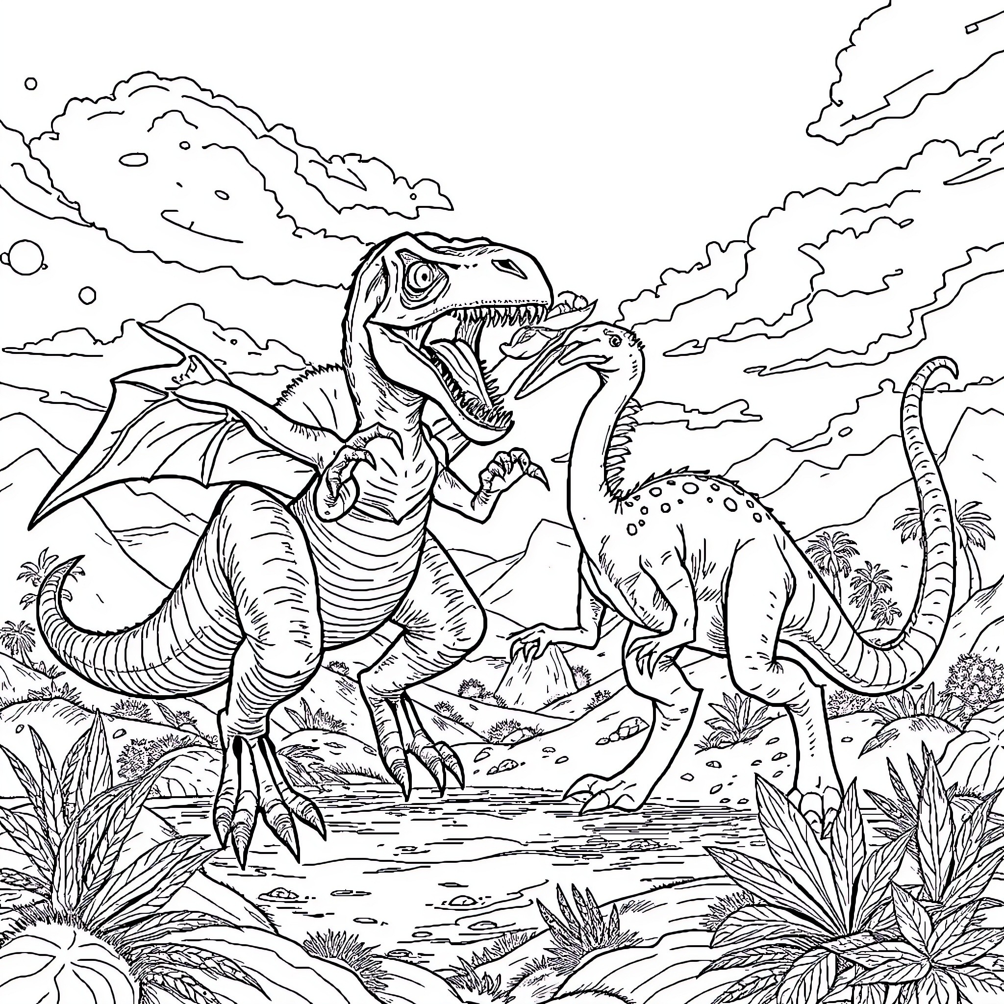 Raptor Duo Confronting in Prehistoric Landscape Coloring Page (free black-and-white line drawing printable PDF for all, from beginners to advanced learners, including children, teens, adults, and seniors)