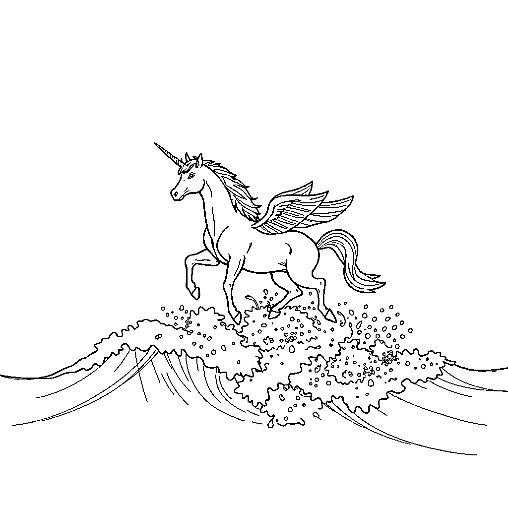 Unicorn galloping across magical waves Coloring Page (free black-and-white line drawing printable PDF for all, from beginners to advanced learners, including children, teens, adults, and seniors)