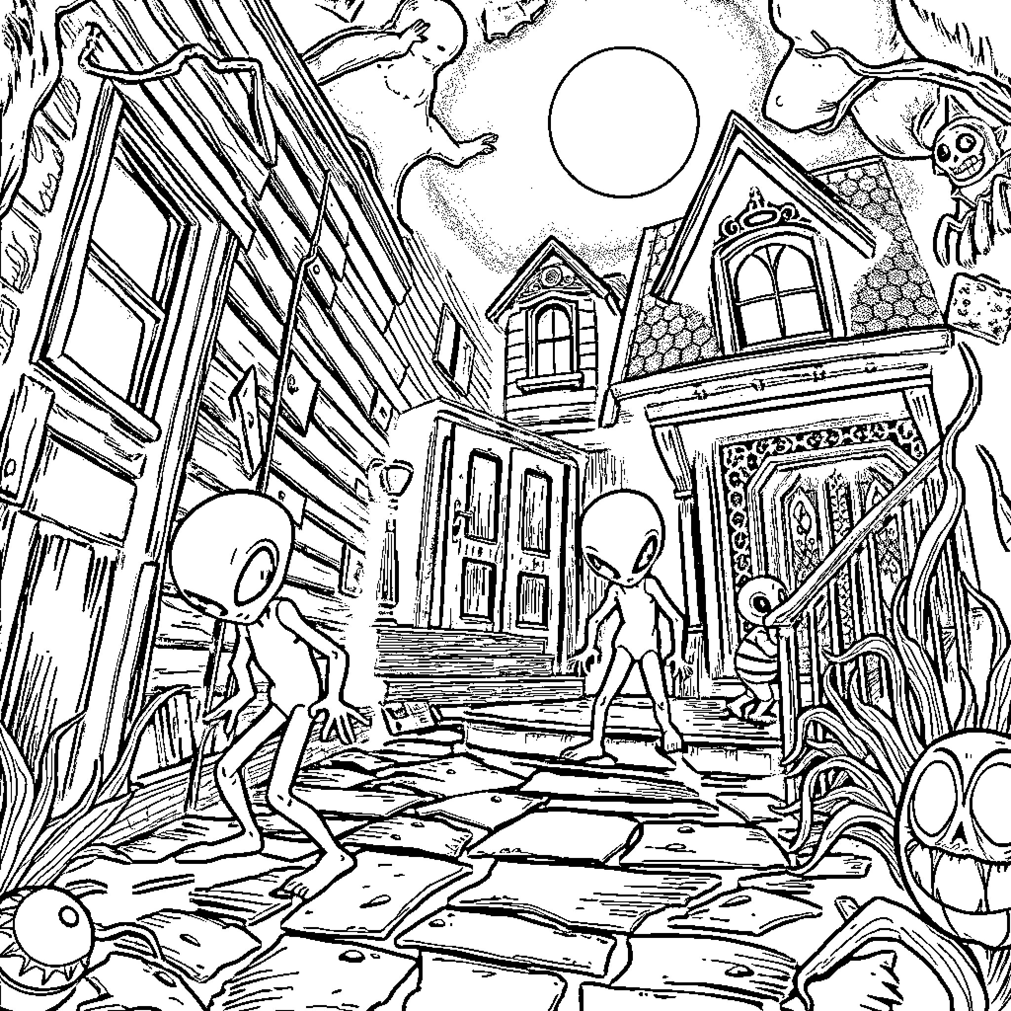 Alien beings exploring a mysterious abandoned town Coloring Page (free black-and-white line drawing printable PDF for all, from beginners to advanced learners, including children, teens, adults, and seniors)