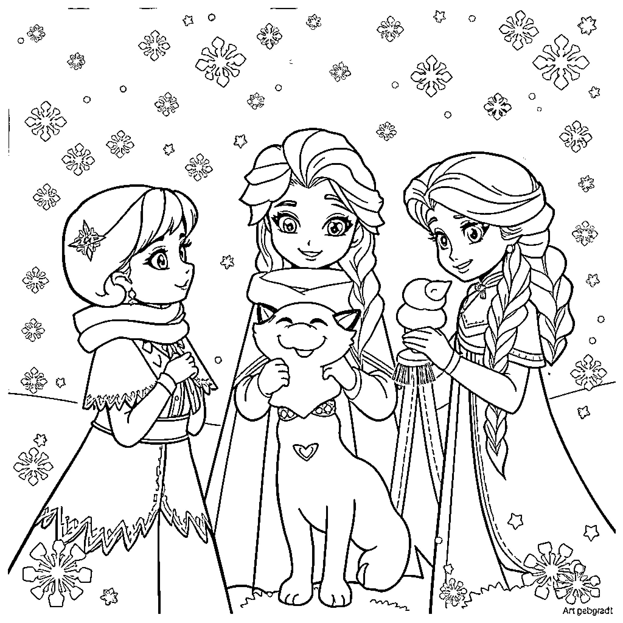 Rumi and sisters exploring winter wonderland Coloring Page (free black-and-white line drawing printable PDF for all, from beginners to advanced learners, including children, teens, adults, and seniors)