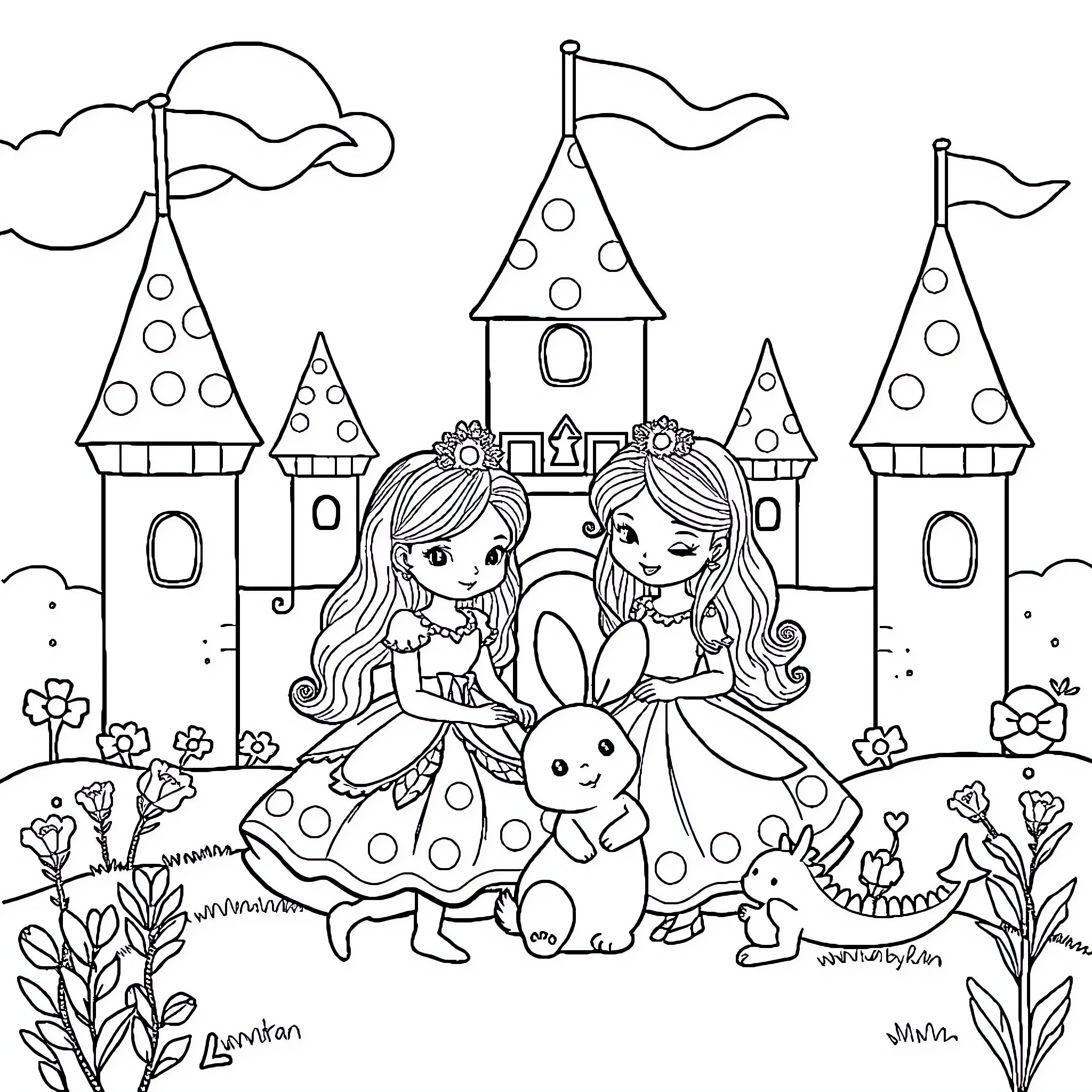 Princess Sisters Exploring the Enchanted Castle Coloring Page (free black-and-white line drawing printable PDF for all, from beginners to advanced learners, including children, teens, adults, and seniors)
