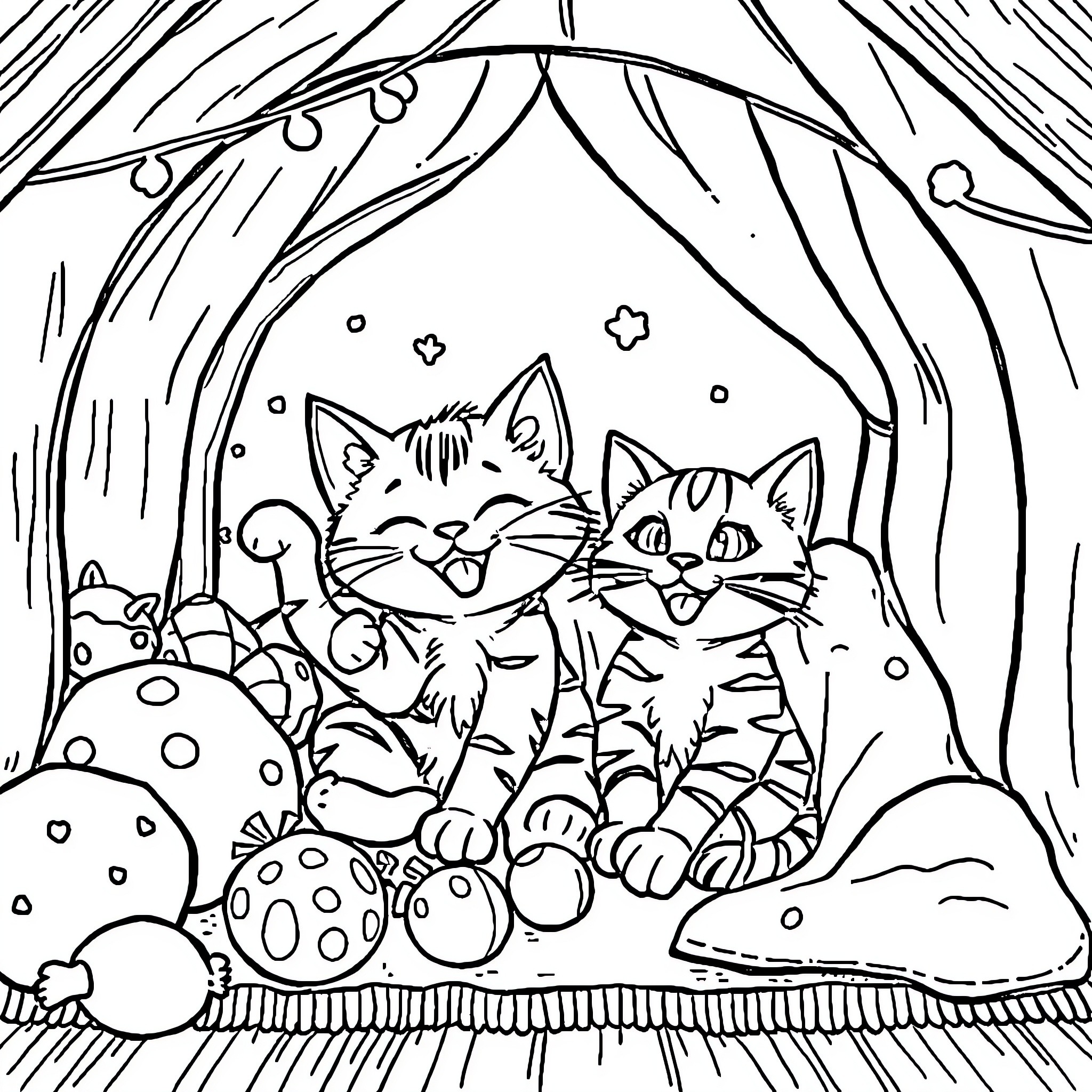 Cats in a cozy forest scene Coloring Page (free black-and-white line drawing printable PDF for all, from beginners to advanced learners, including children, teens, adults, and seniors)