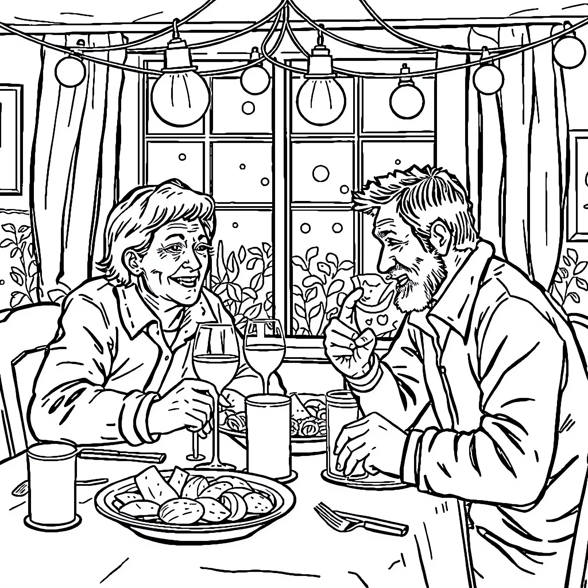 Jim and his friend enjoying a cozy evening together Coloring Page (free black-and-white line drawing printable PDF for all, from beginners to advanced learners, including children, teens, adults, and seniors)