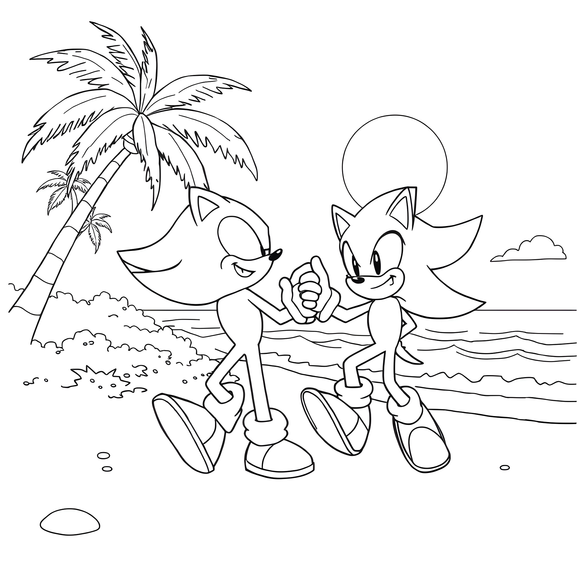 Sonic characters enjoying a tropical beach scene Coloring Page (free black-and-white line drawing printable PDF for all, from beginners to advanced learners, including children, teens, adults, and seniors)
