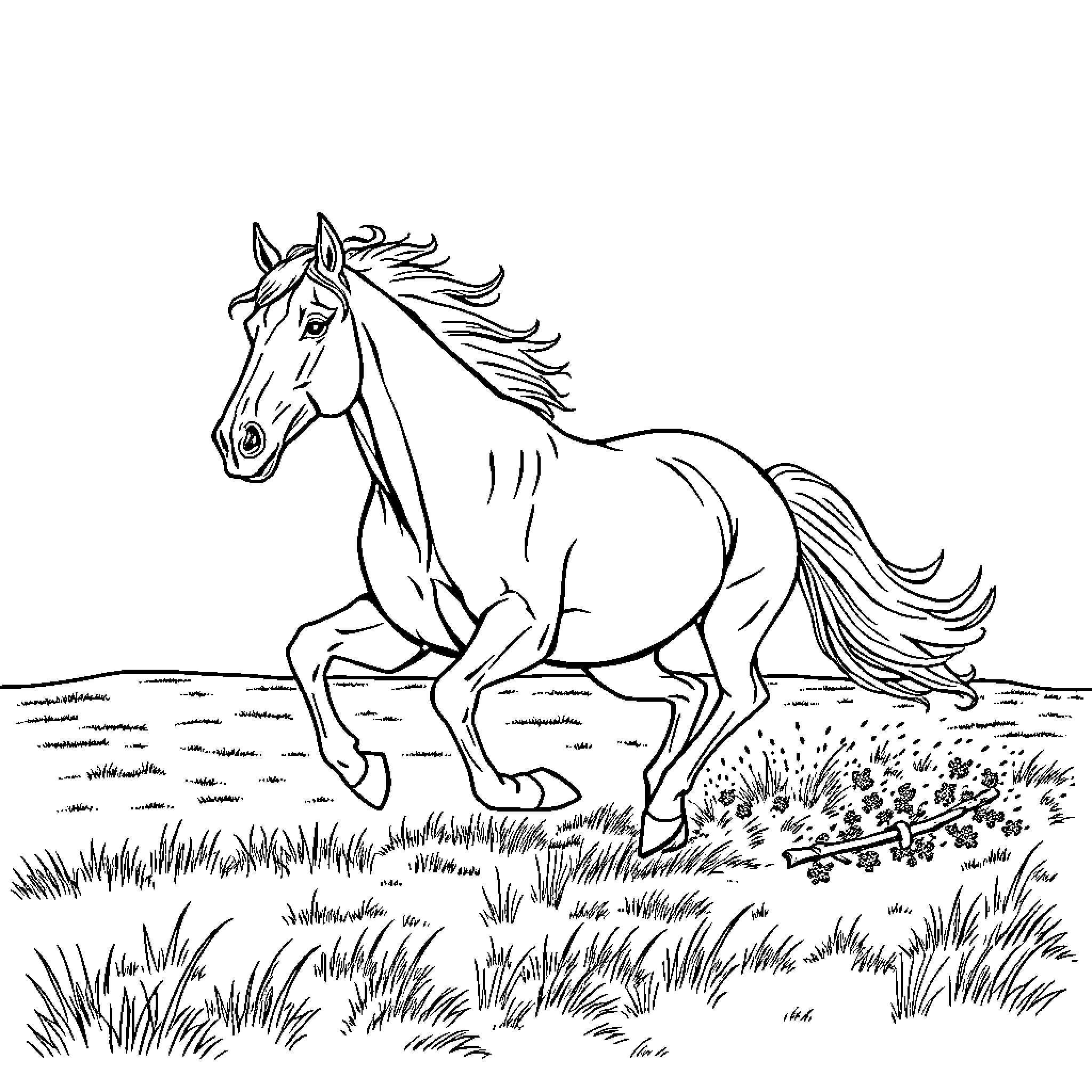 Horse galloping through grassy field Coloring Page (free black-and-white line drawing printable PDF for all, from beginners to advanced learners, including children, teens, adults, and seniors)