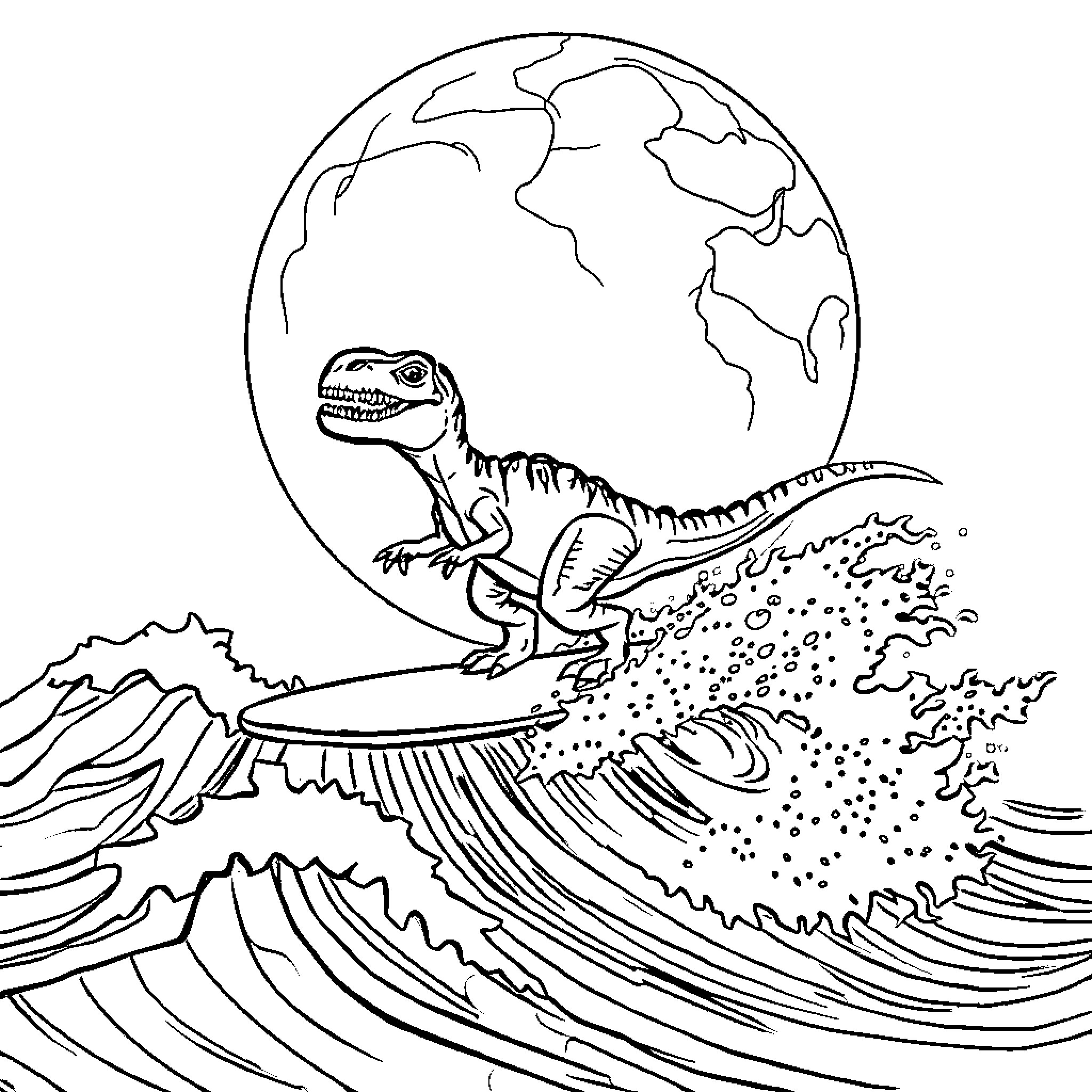 Dinosaur surfing on a large ocean wave Coloring Page (free black-and-white line drawing printable PDF for all, from beginners to advanced learners, including children, teens, adults, and seniors)