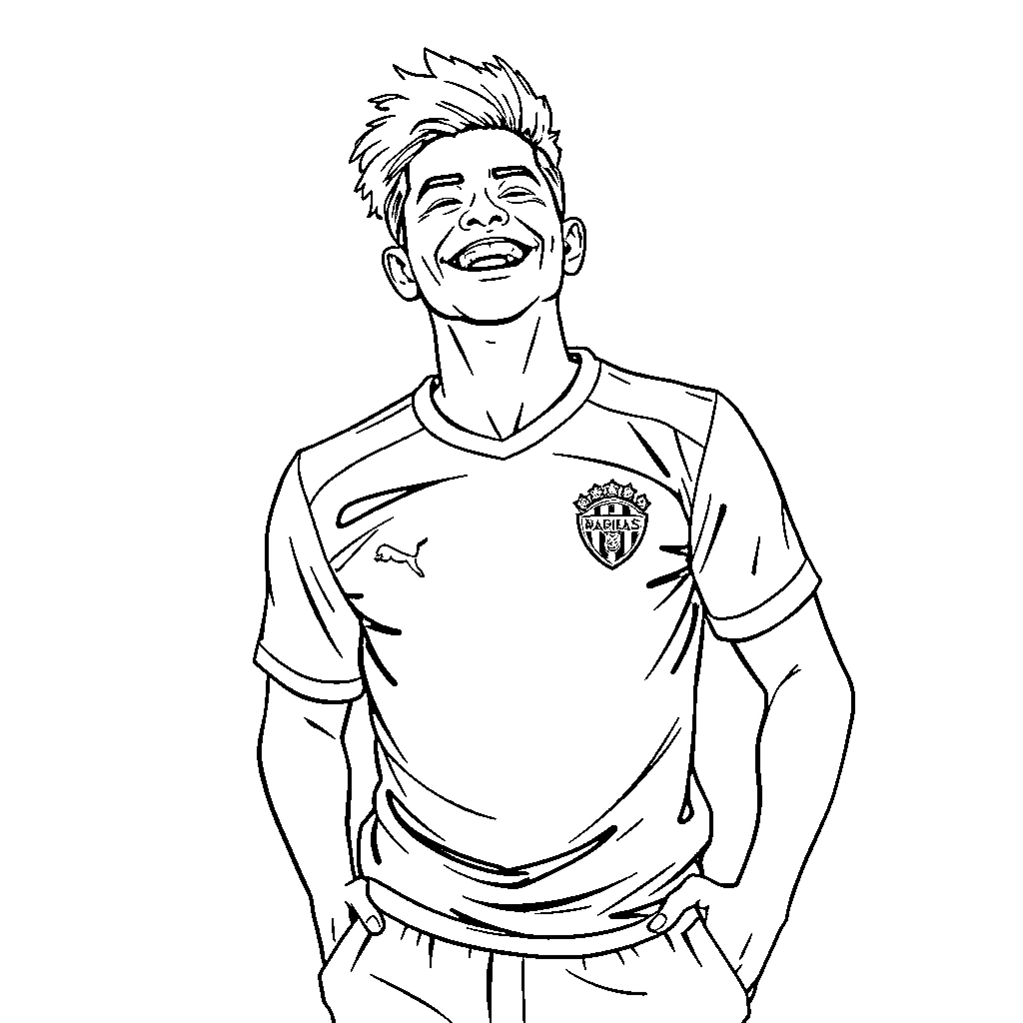 Person smiling cheerfully in sports jersey Coloring Page (free black-and-white line drawing printable PDF for all, from beginners to advanced learners, including children, teens, adults, and seniors)