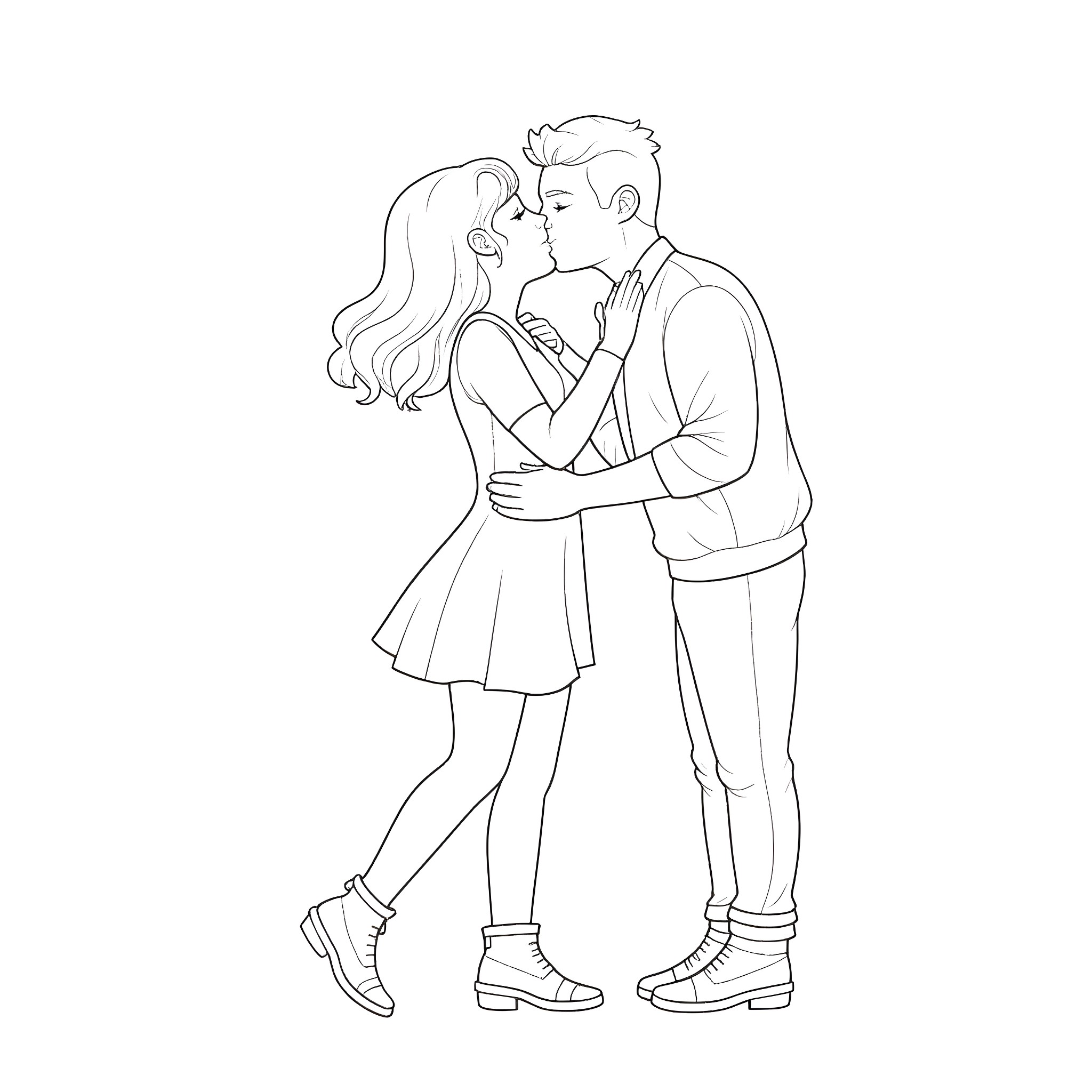 Kiss between a couple in casual attire Coloring Page (free black-and-white line drawing printable PDF for all, from beginners to advanced learners, including children, teens, adults, and seniors)