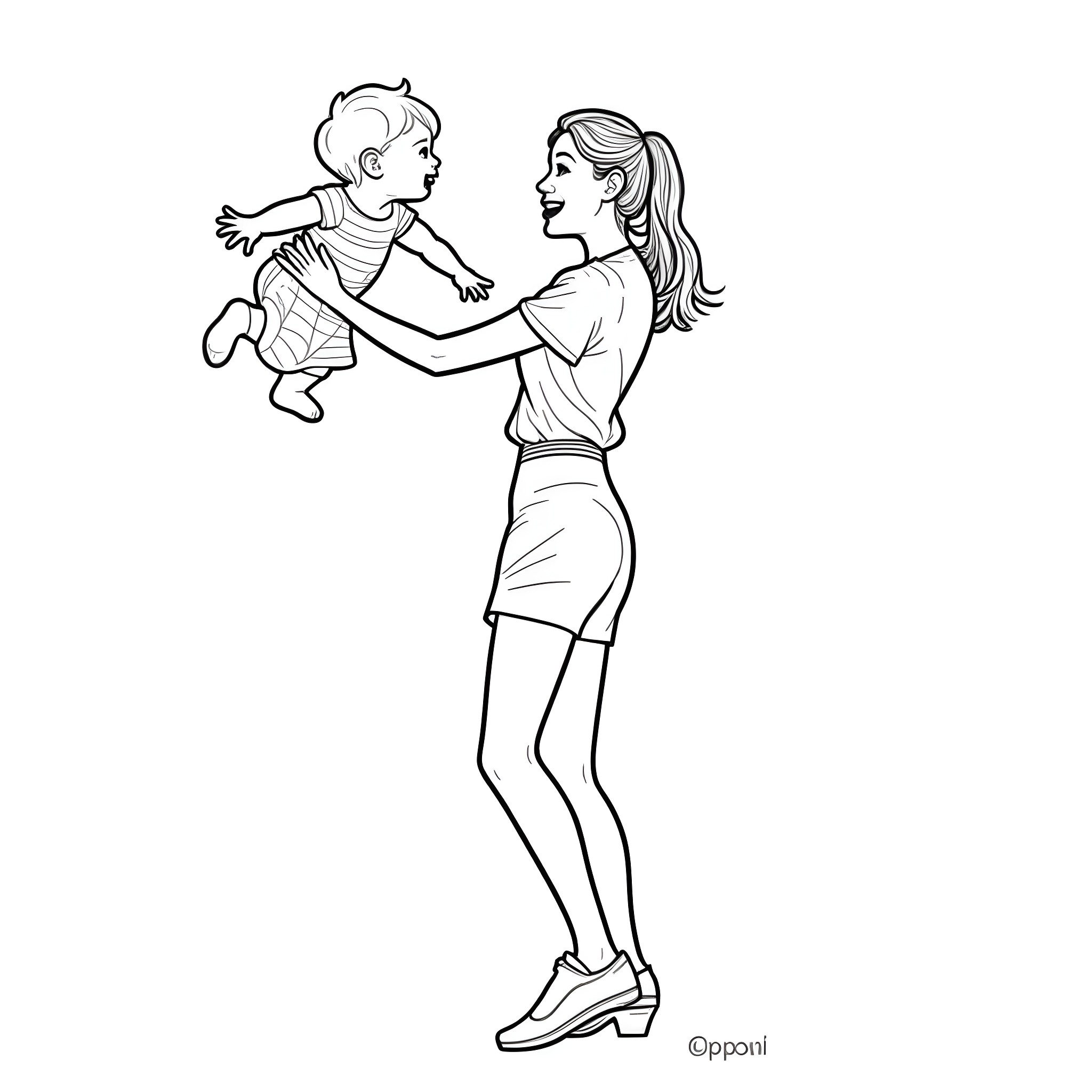 Mom playing with her child happily Coloring Page (free black-and-white line drawing printable PDF for all, from beginners to advanced learners, including children, teens, adults, and seniors)