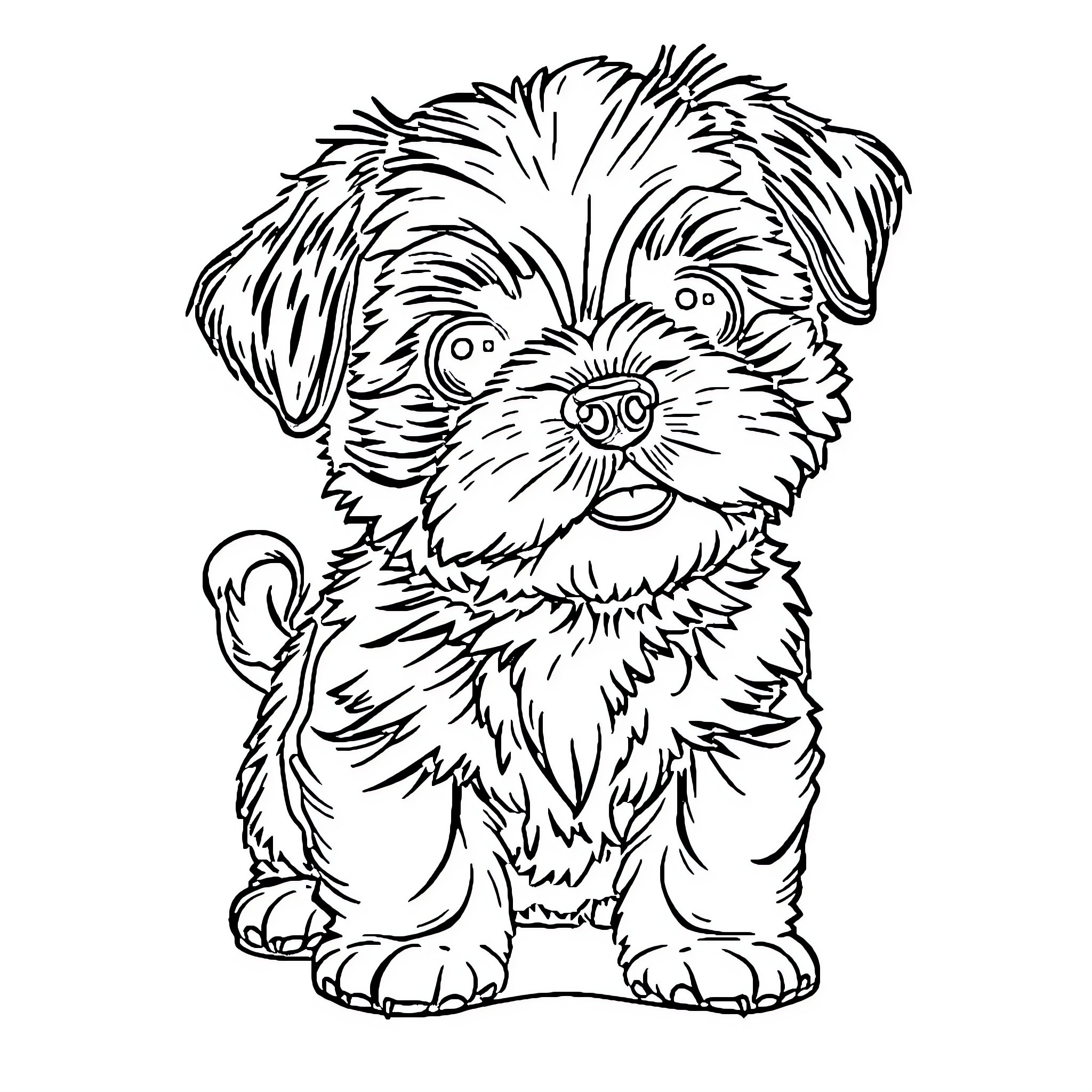 Shih Tzu puppy with playful expression Coloring Page (free black-and-white line drawing printable PDF for all, from beginners to advanced learners, including children, teens, adults, and seniors)