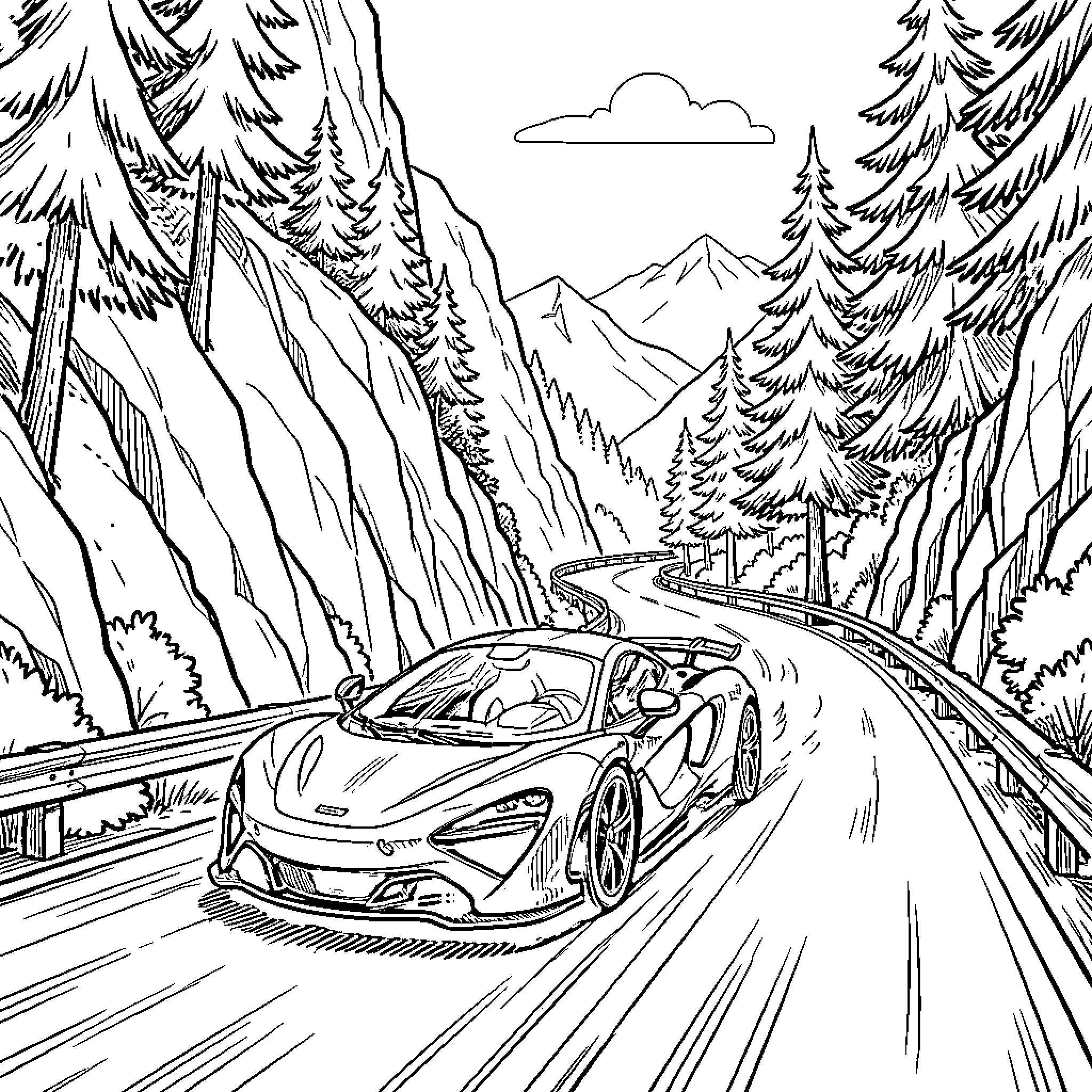 McLaren driving swiftly along a winding mountain road Coloring Page (free black-and-white line drawing printable PDF for all, from beginners to advanced learners, including children, teens, adults, and seniors)