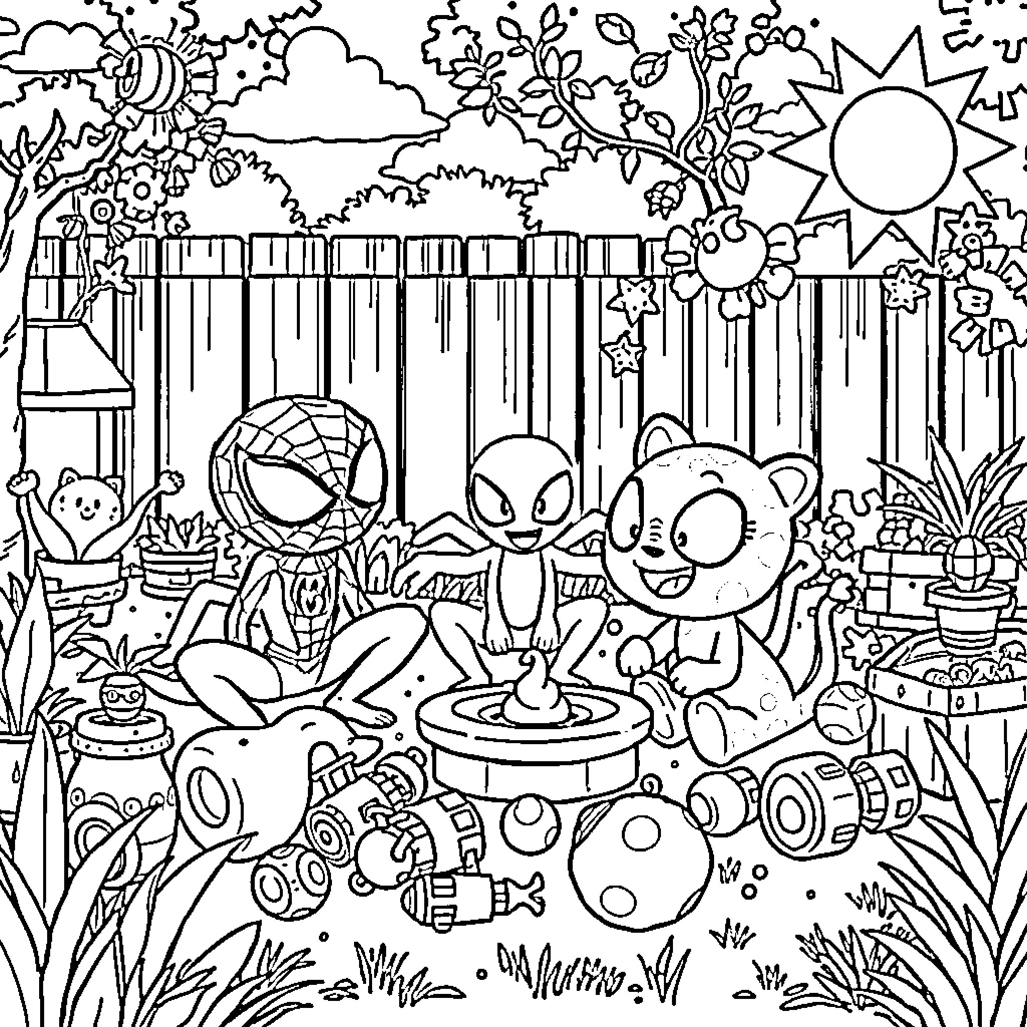 Spidey and Friends Enjoying a Playful Outdoor Scene Coloring Page (free black-and-white line drawing printable PDF for all, from beginners to advanced learners, including children, teens, adults, and seniors)