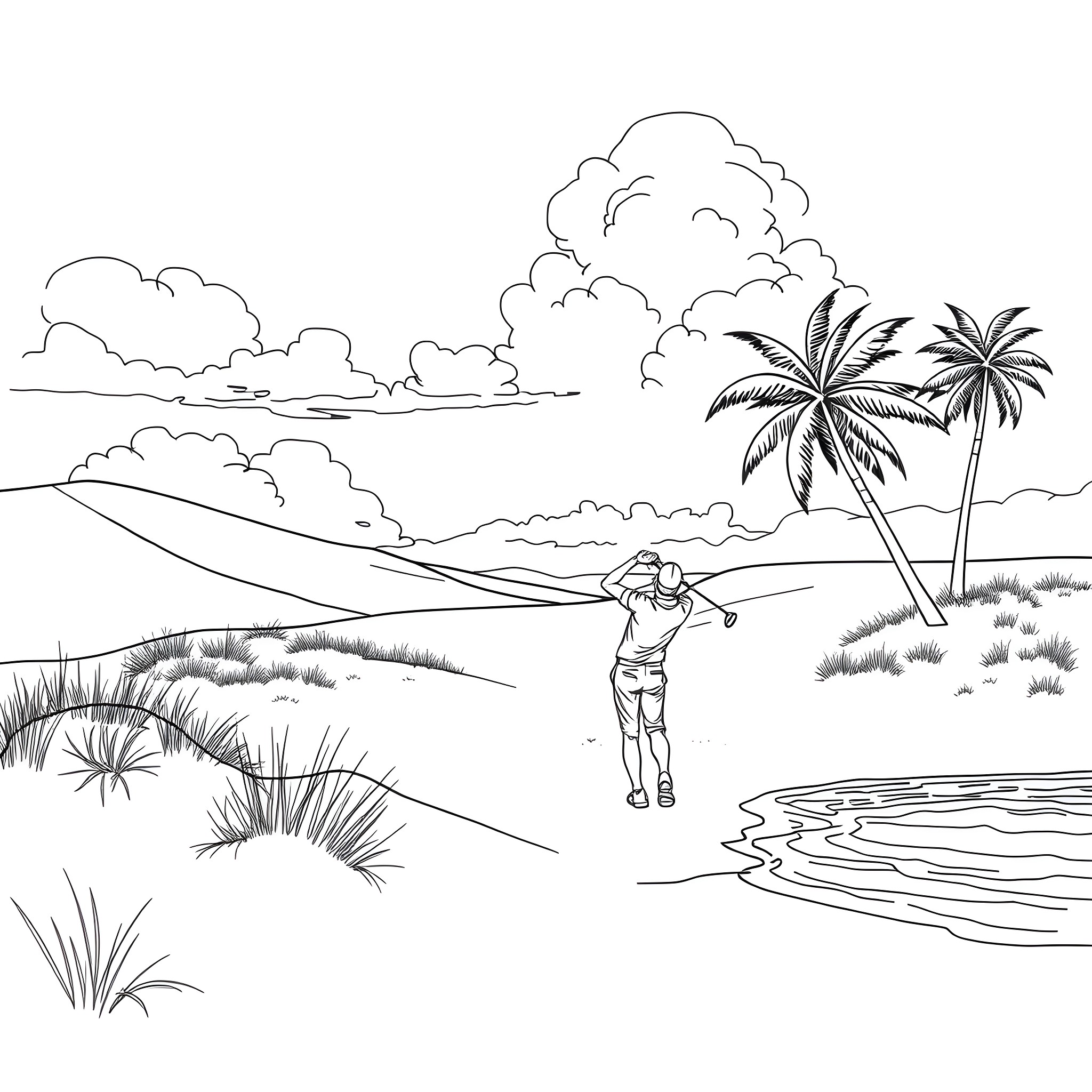 Golf on a Tropical Island Paradise Coloring Page (free black-and-white line drawing printable PDF for all, from beginners to advanced learners, including children, teens, adults, and seniors)