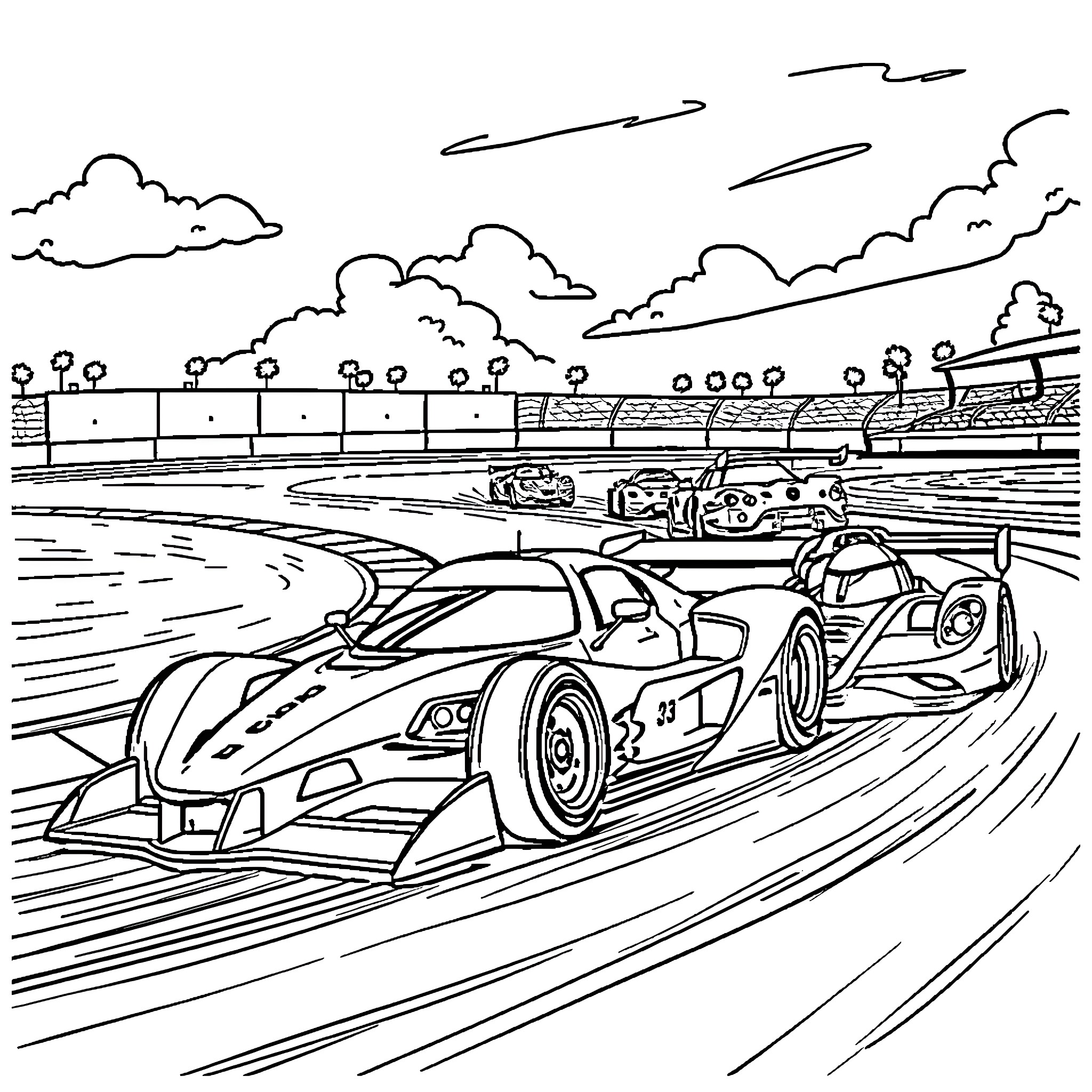 Race Car Racing on Winding Track Coloring Page (free black-and-white line drawing printable PDF for all, from beginners to advanced learners, including children, teens, adults, and seniors)