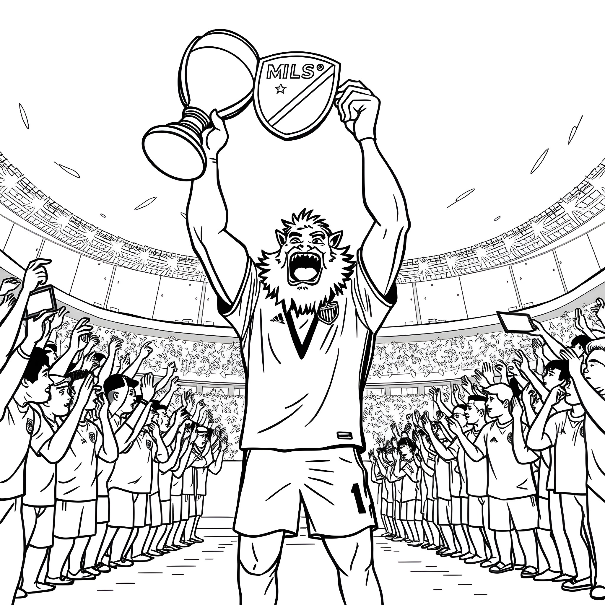MrBeast Celebrating Victory in a Sports Arena Coloring Page (free black-and-white line drawing printable PDF for all, from beginners to advanced learners, including children, teens, adults, and seniors)
