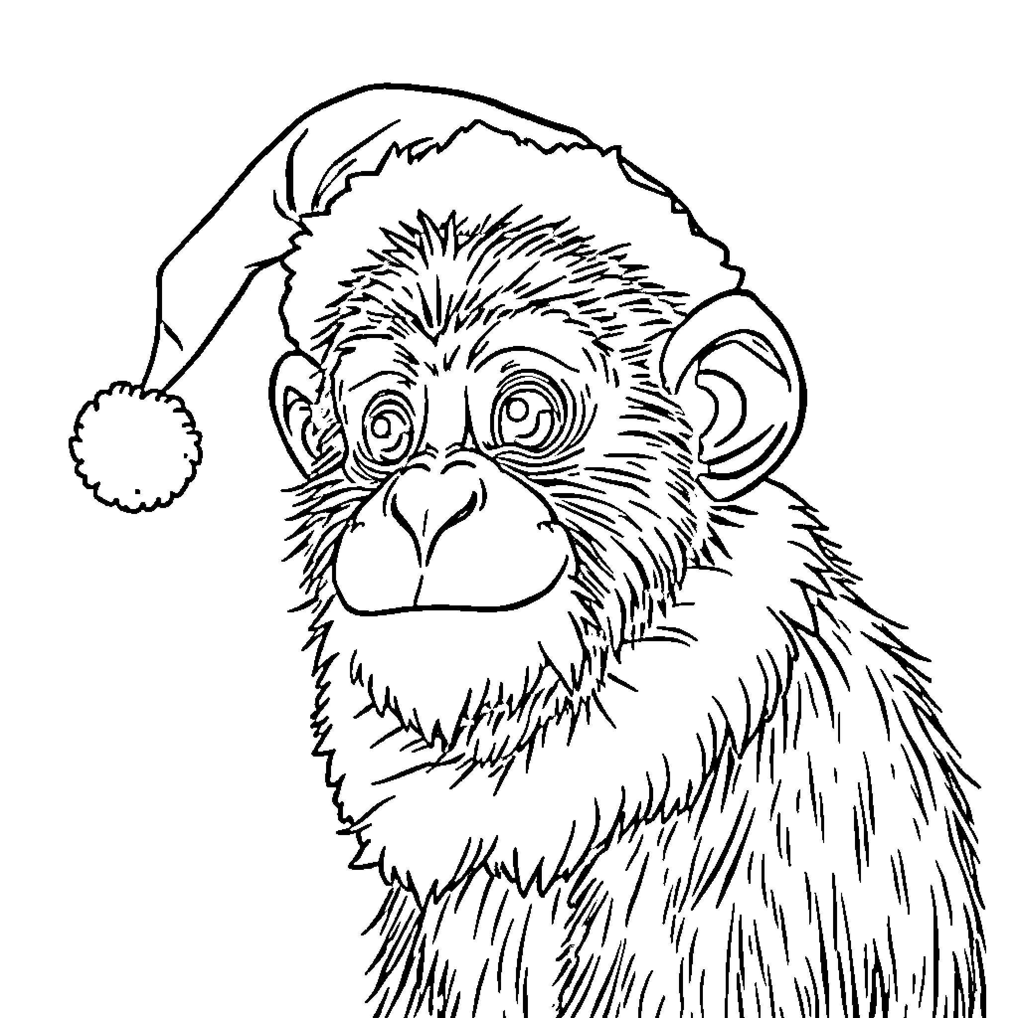 Simian Wearing Santa Hat in Cartoon Style Coloring Page (free black-and-white line drawing printable PDF for all, from beginners to advanced learners, including children, teens, adults, and seniors)