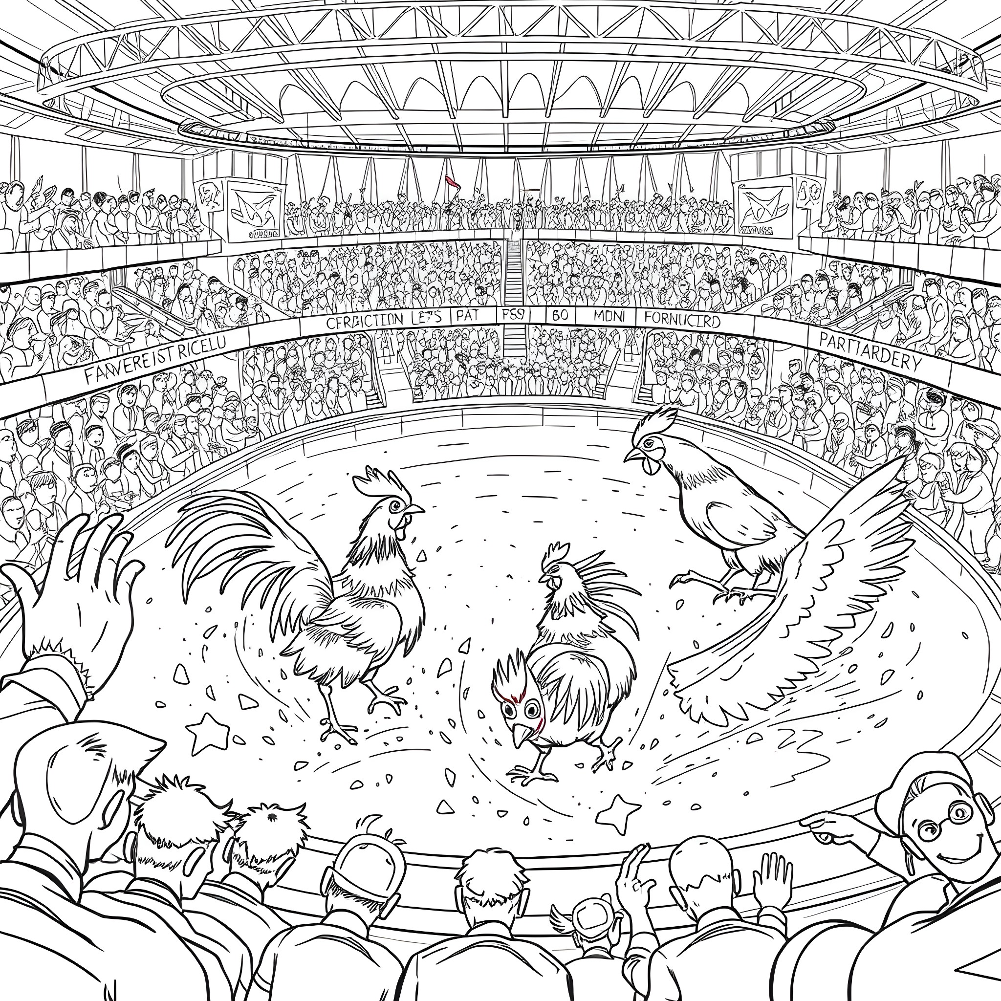 Chicken Fight Show in Crowded Stadium Coloring Page (free black-and-white line drawing printable PDF for all, from beginners to advanced learners, including children, teens, adults, and seniors)